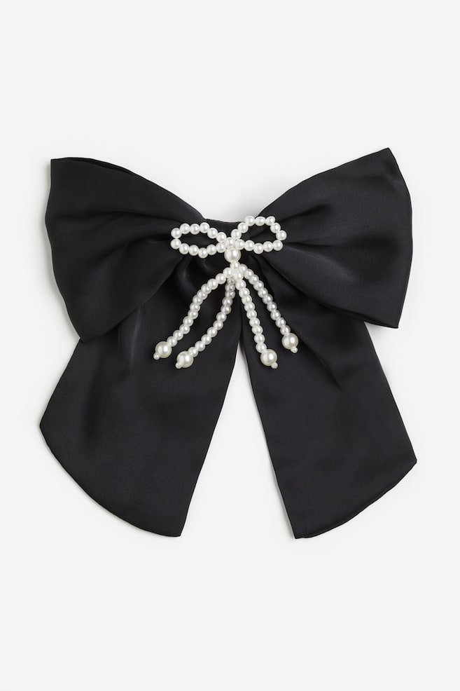 Bow-decorated hair clip - Black/Beads/White - 1