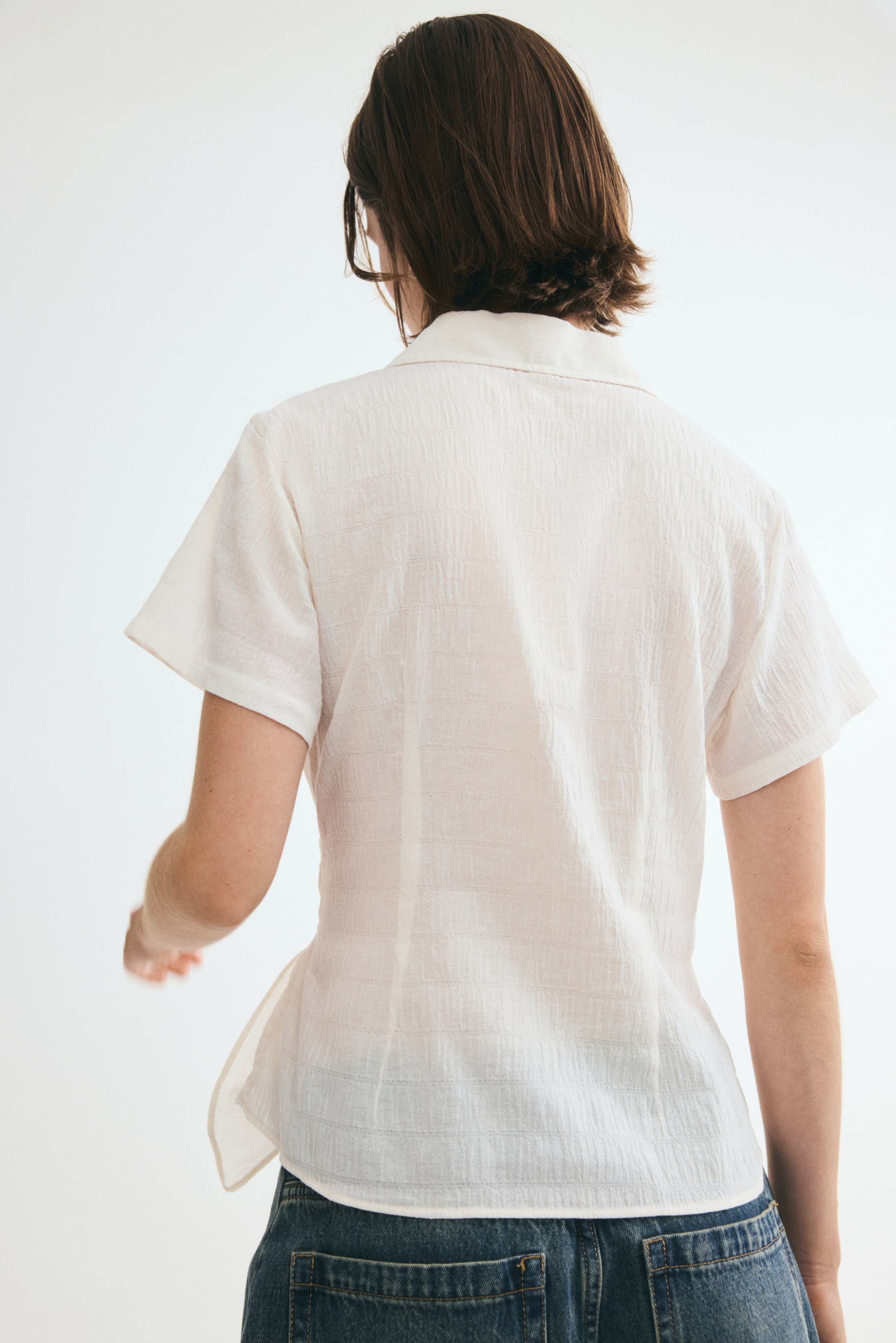 Smocked Tie-Detail Shirt