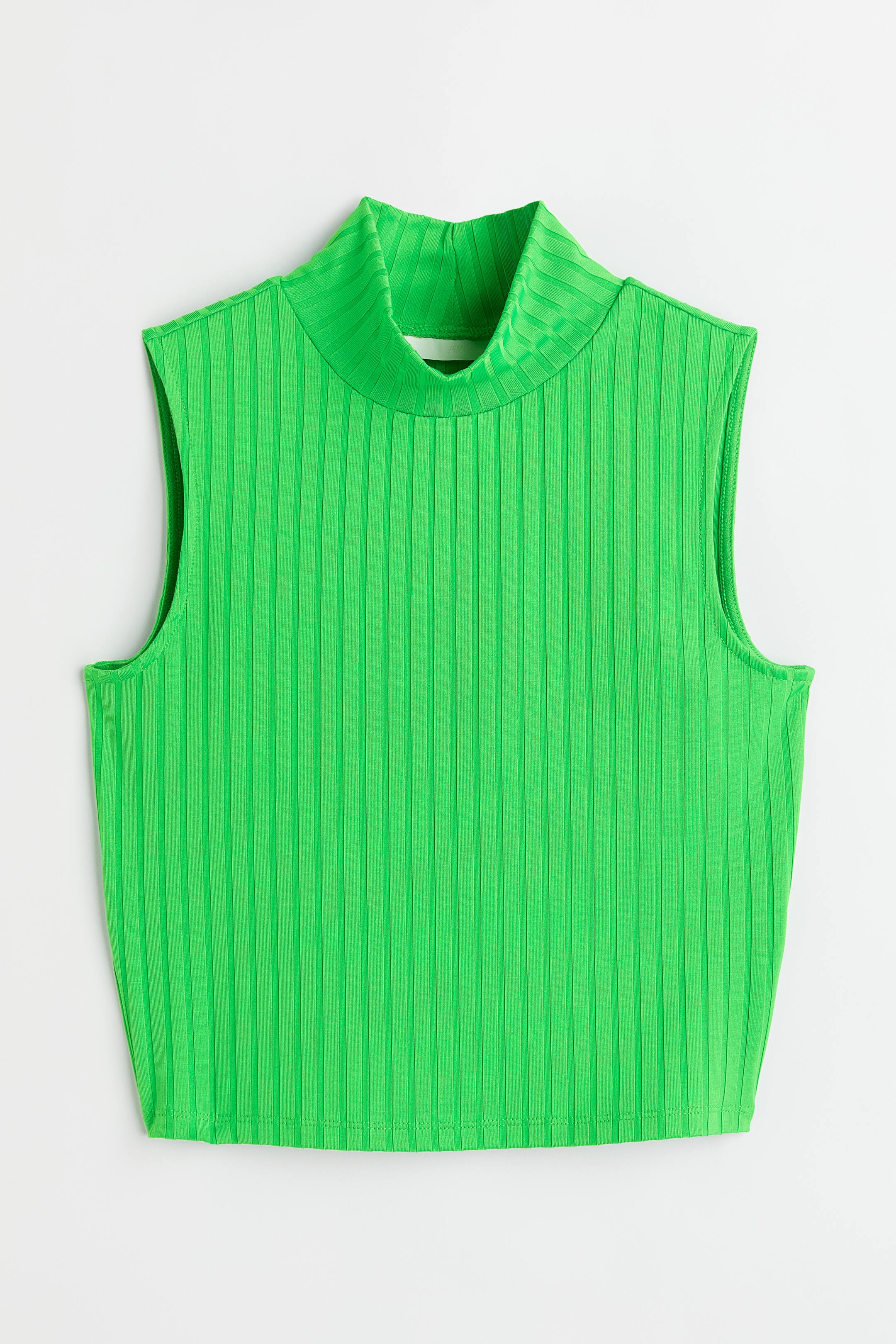 Ampliar la imagen: Ribbed stand-up collar top - Verde intenso - Ladies | H&M MX 1