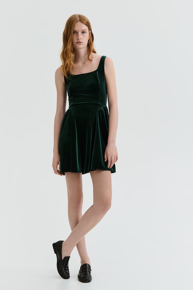 Sleeveless velour dress-Dark green - 5