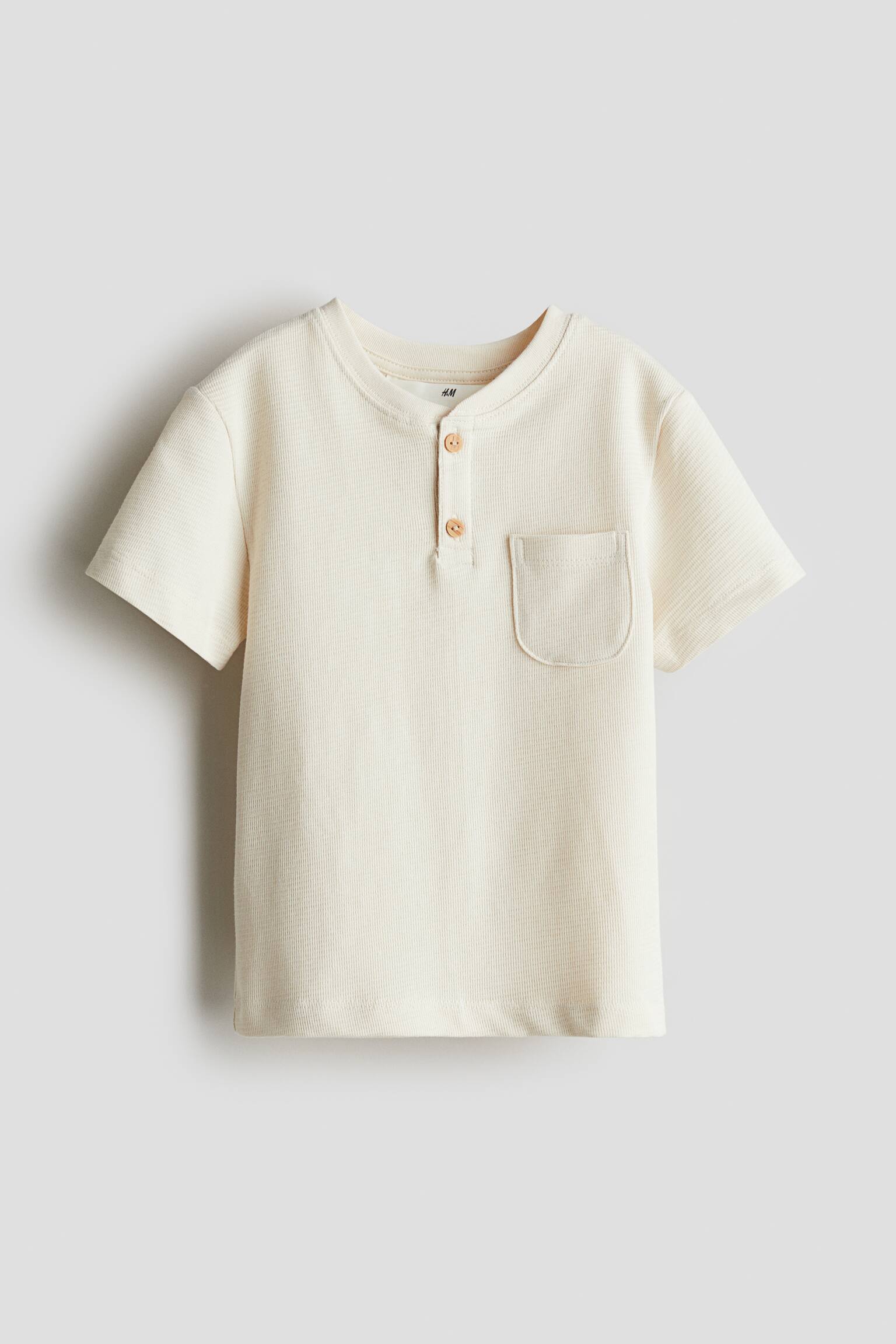 Cotton Henley T-shirt - Cream/Dark grey/Striped/Beige - 1