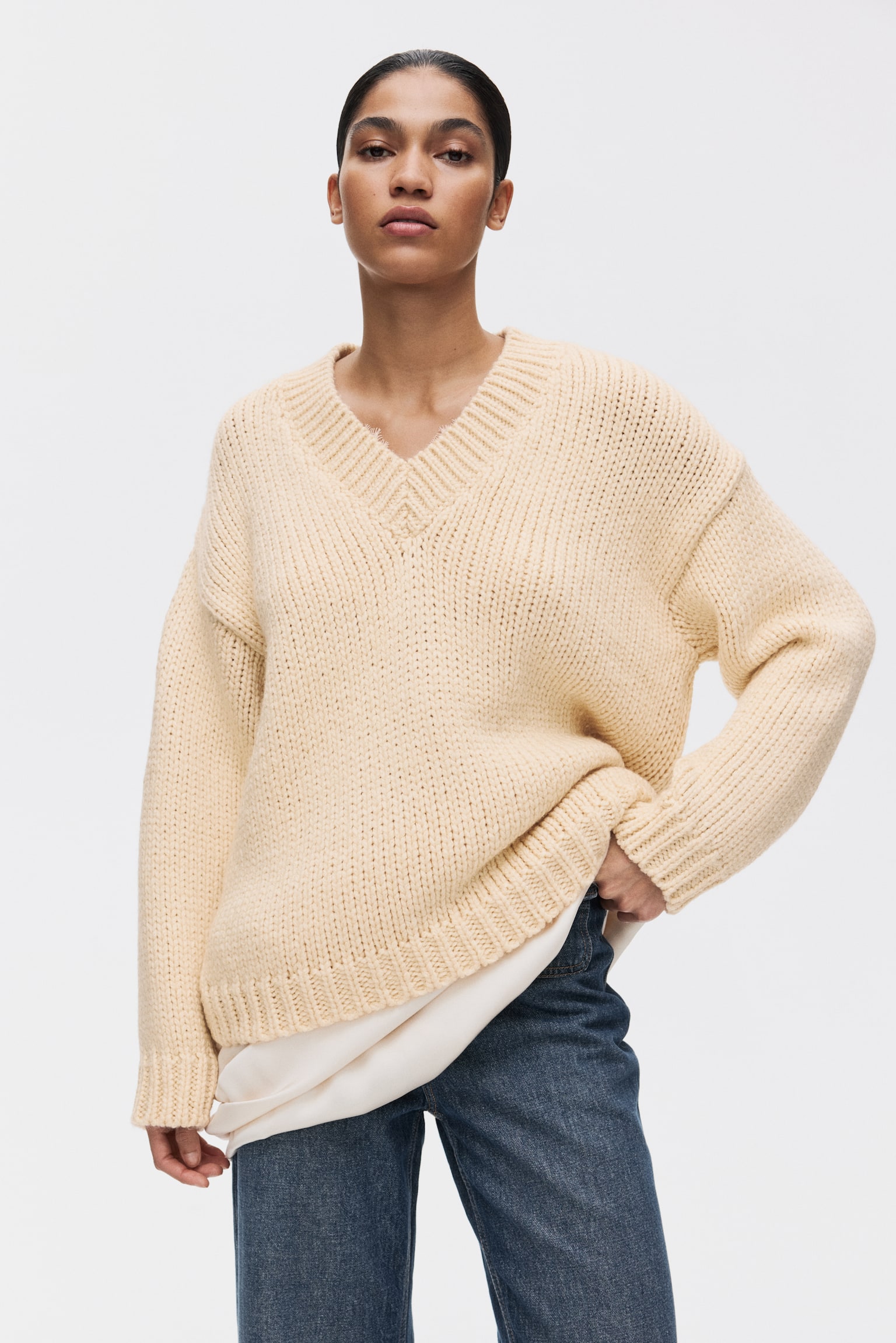 Женский свитер H&M Knit V-Neck, цвет: Сливочный жёлтый — фото 3