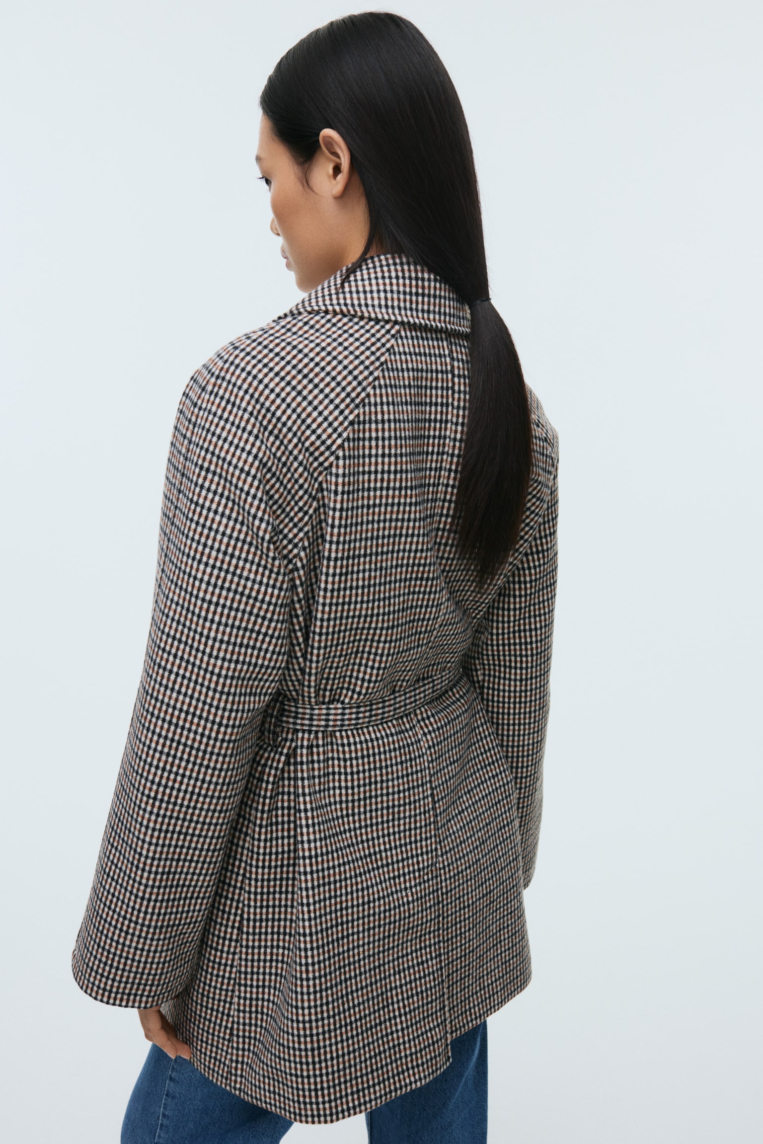 Kabát s vázacím páskem - Světle béžová/kostka/Černá - 4