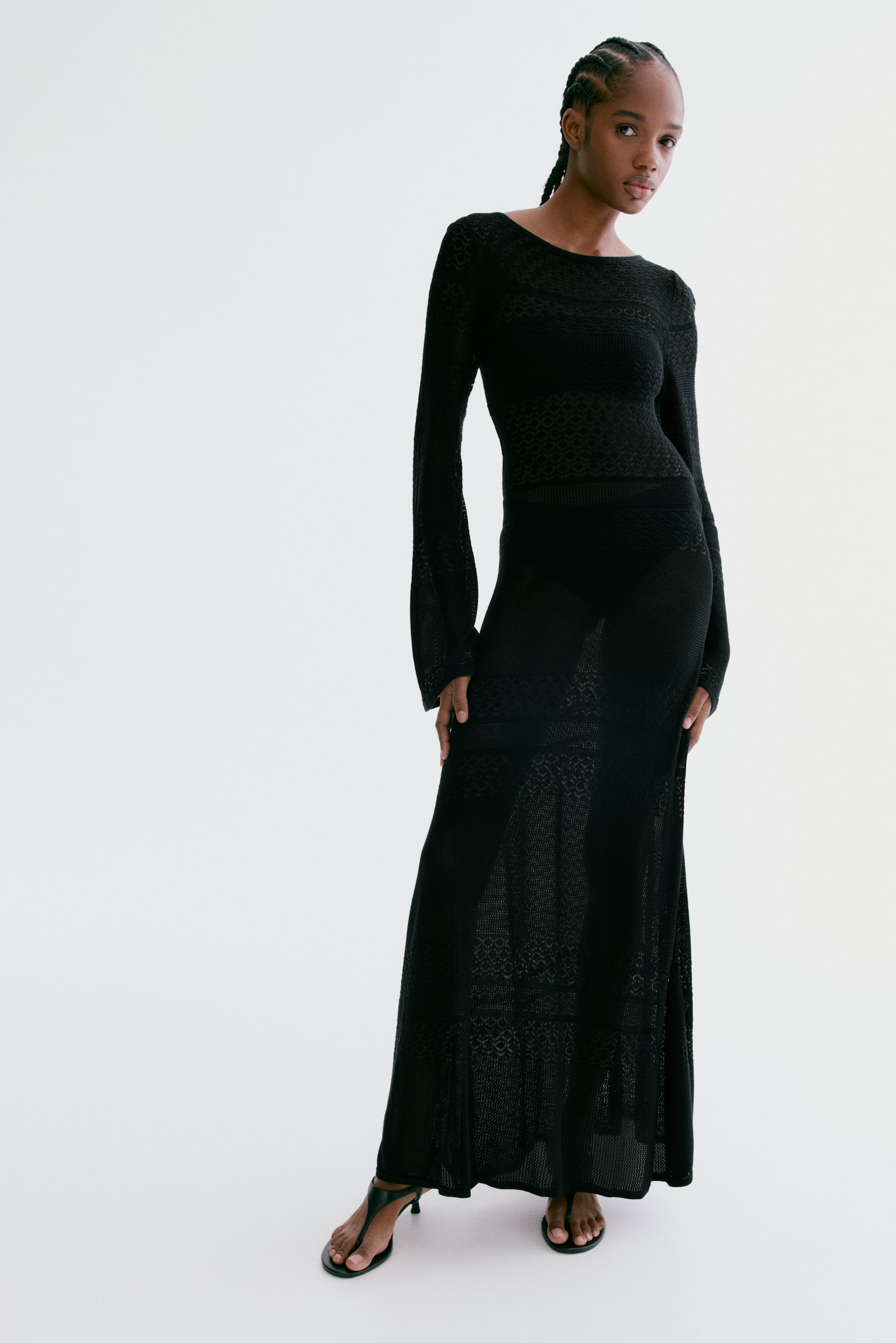 Pointelle-knit maxi dress - Black/Brown - 5