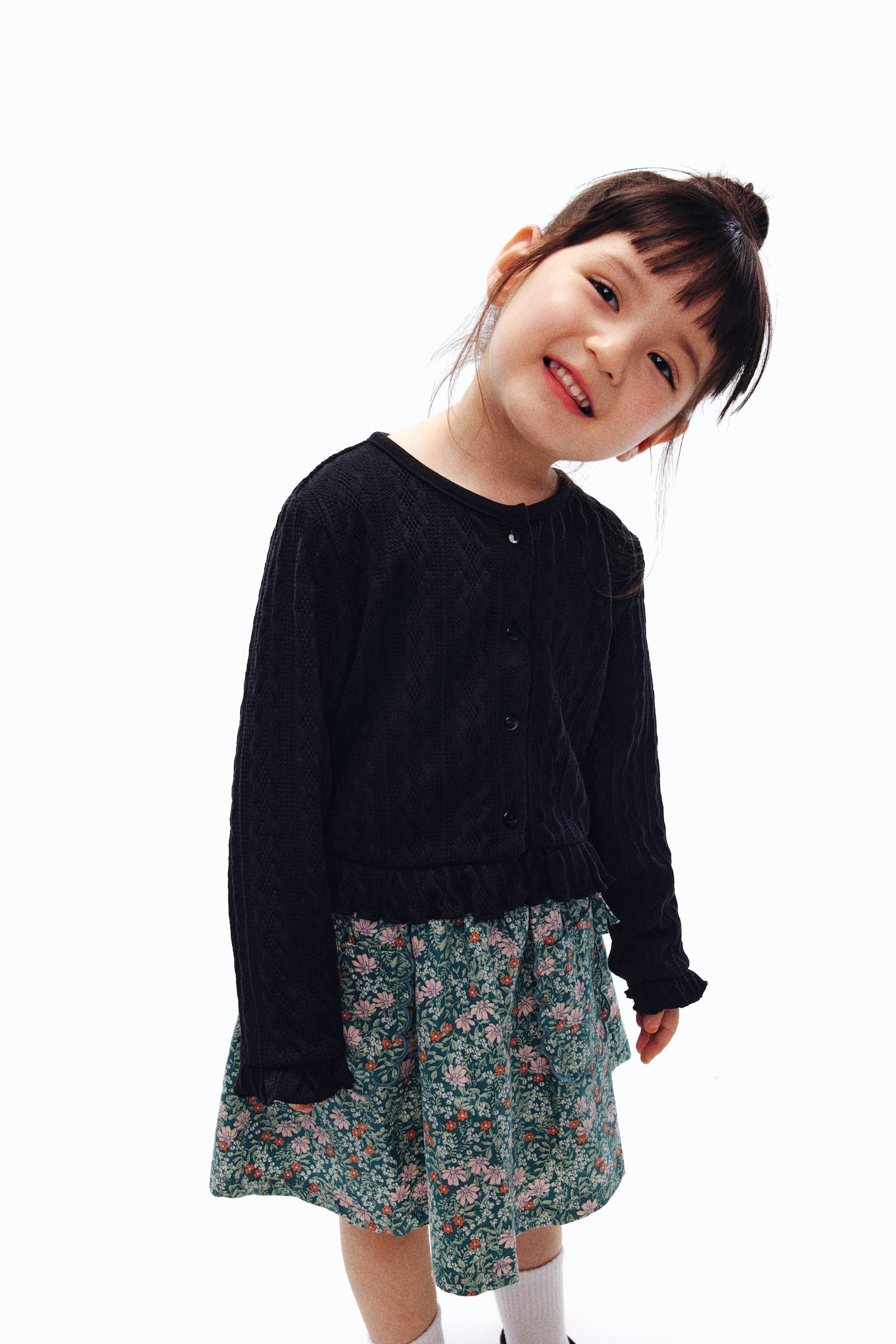 Áo cardigan dệt vặn thừng viền diềm nhún - Màu đen/Màu xám nhạt đốm - 3