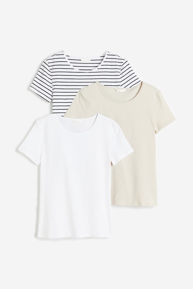 3-pack T-shirts - Light beige/White/Striped/White/Striped/Dark orange/Light beige - 1