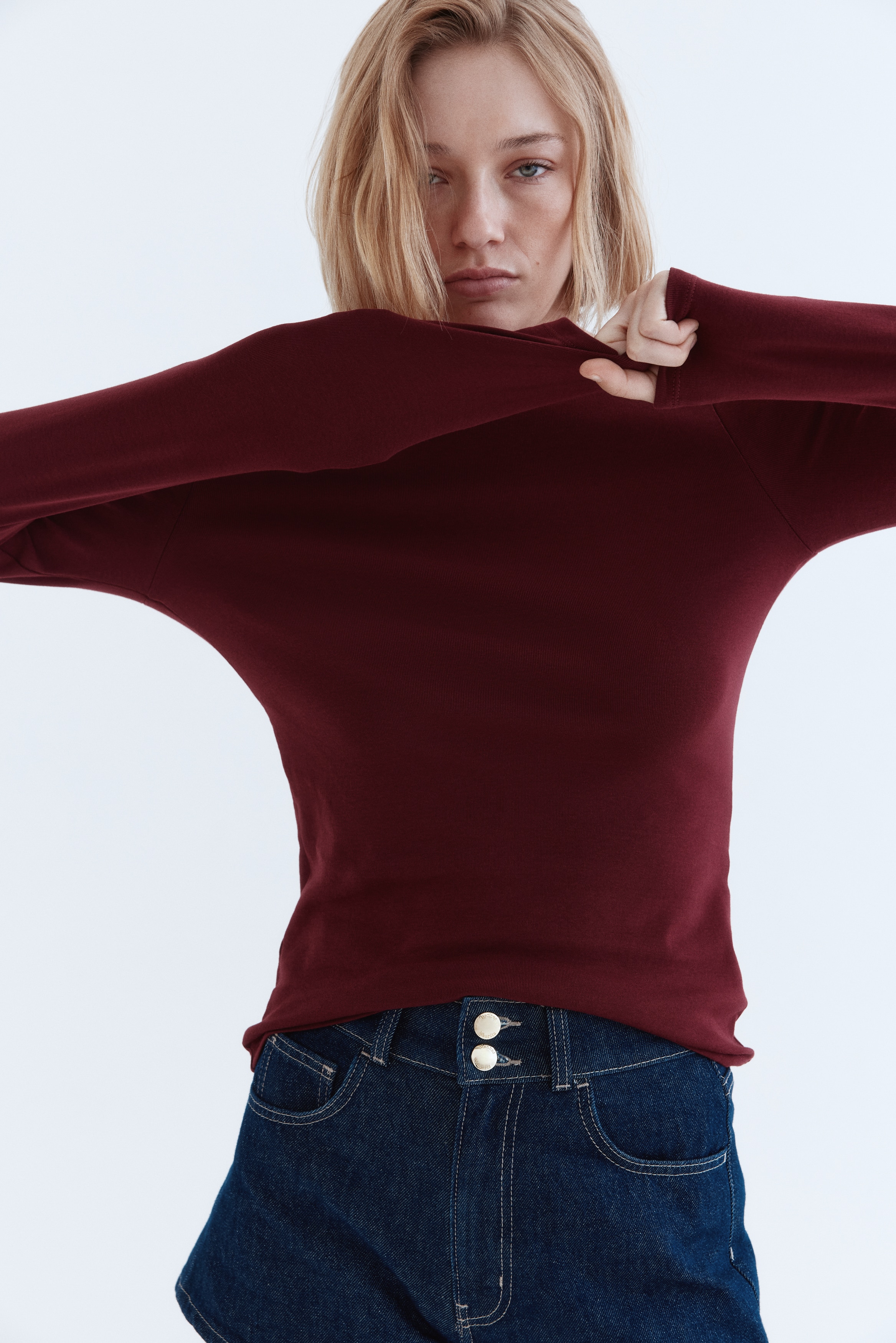 Ladies - Burgundy Long-sleeved jersey top - Size: XS  - H&M