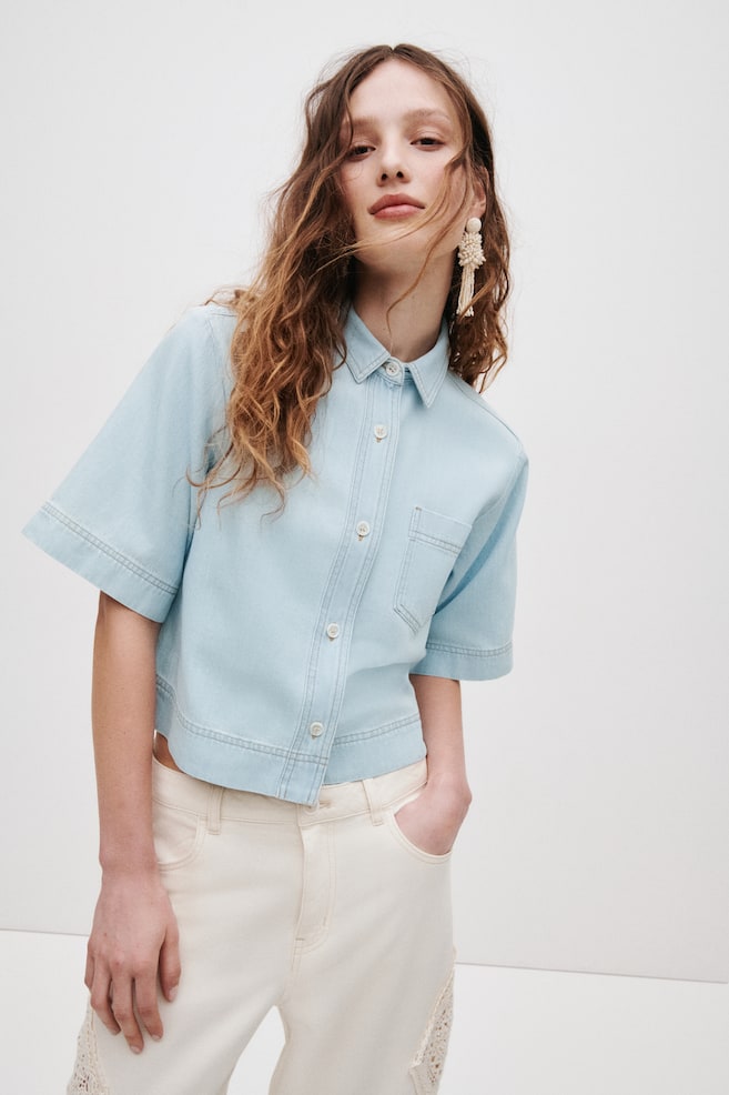 Short-sleeved denim shirt - Light denim blue/Cream - 2