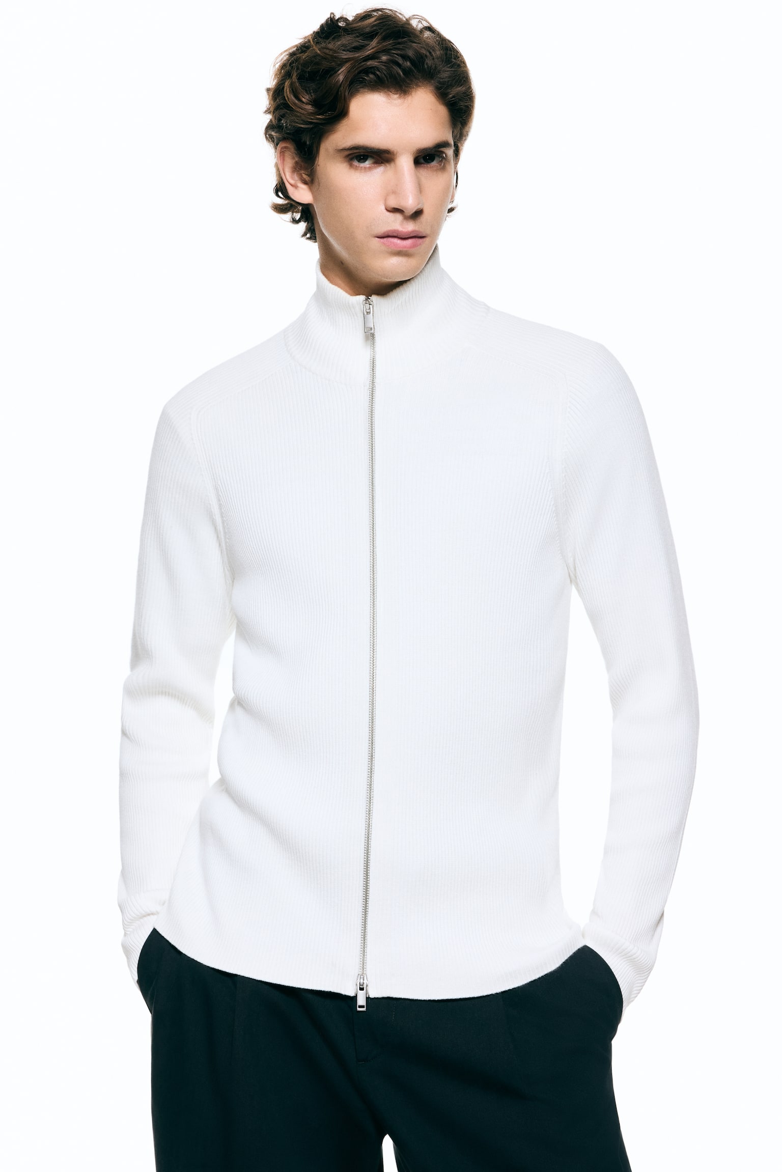 Slim Fit Rib-knit cardigan - White/Navy blue - 1