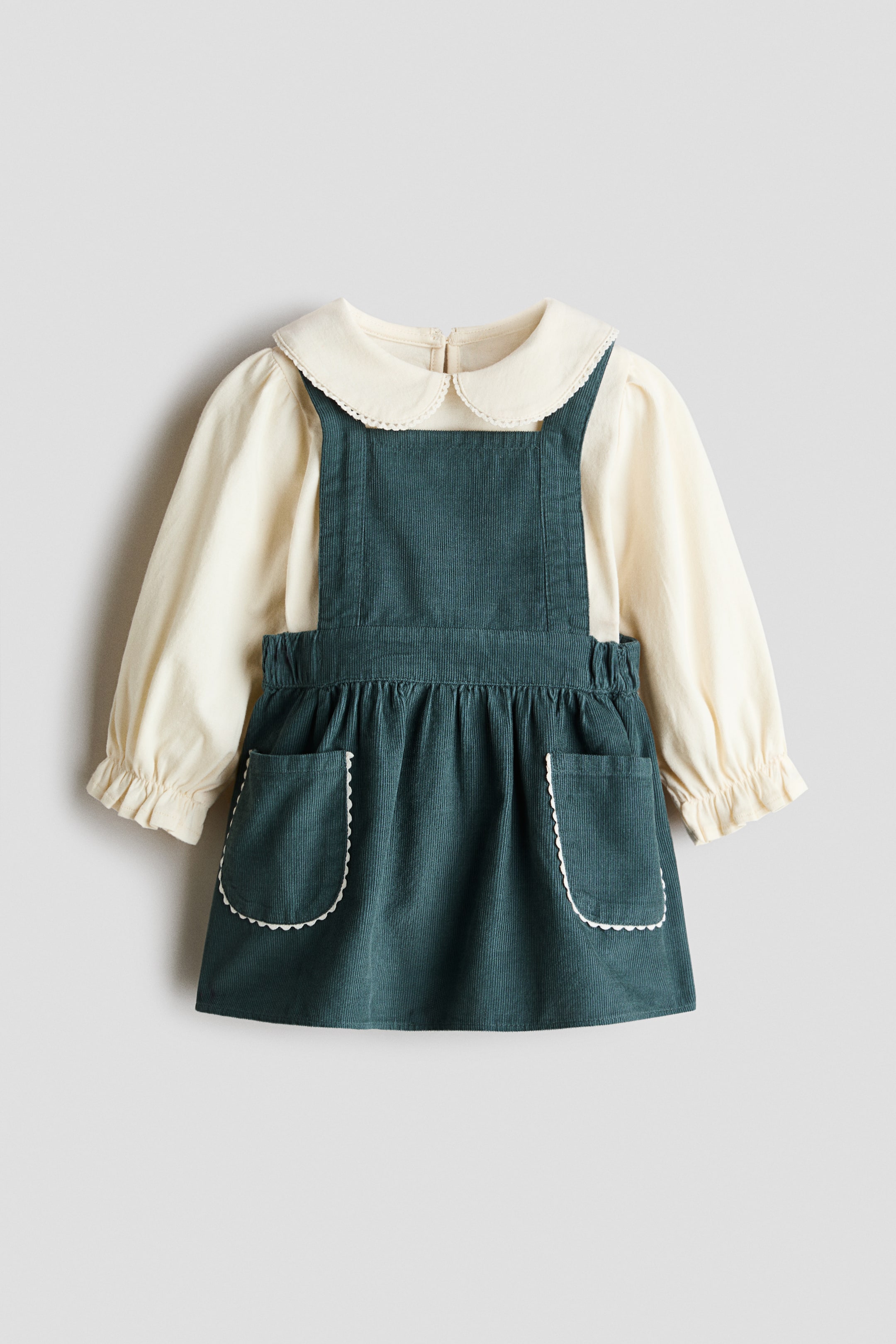 View larger image: 2-piece dungaree dress and top set - Green/Cream - Kids | H&M 1