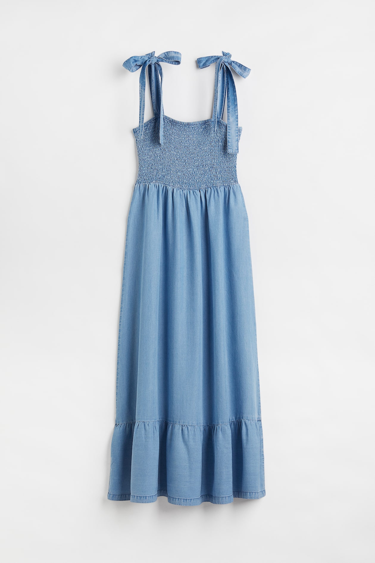 Smocked Denim Dress - Square Neckline - Sleeveless - Denim blue ...