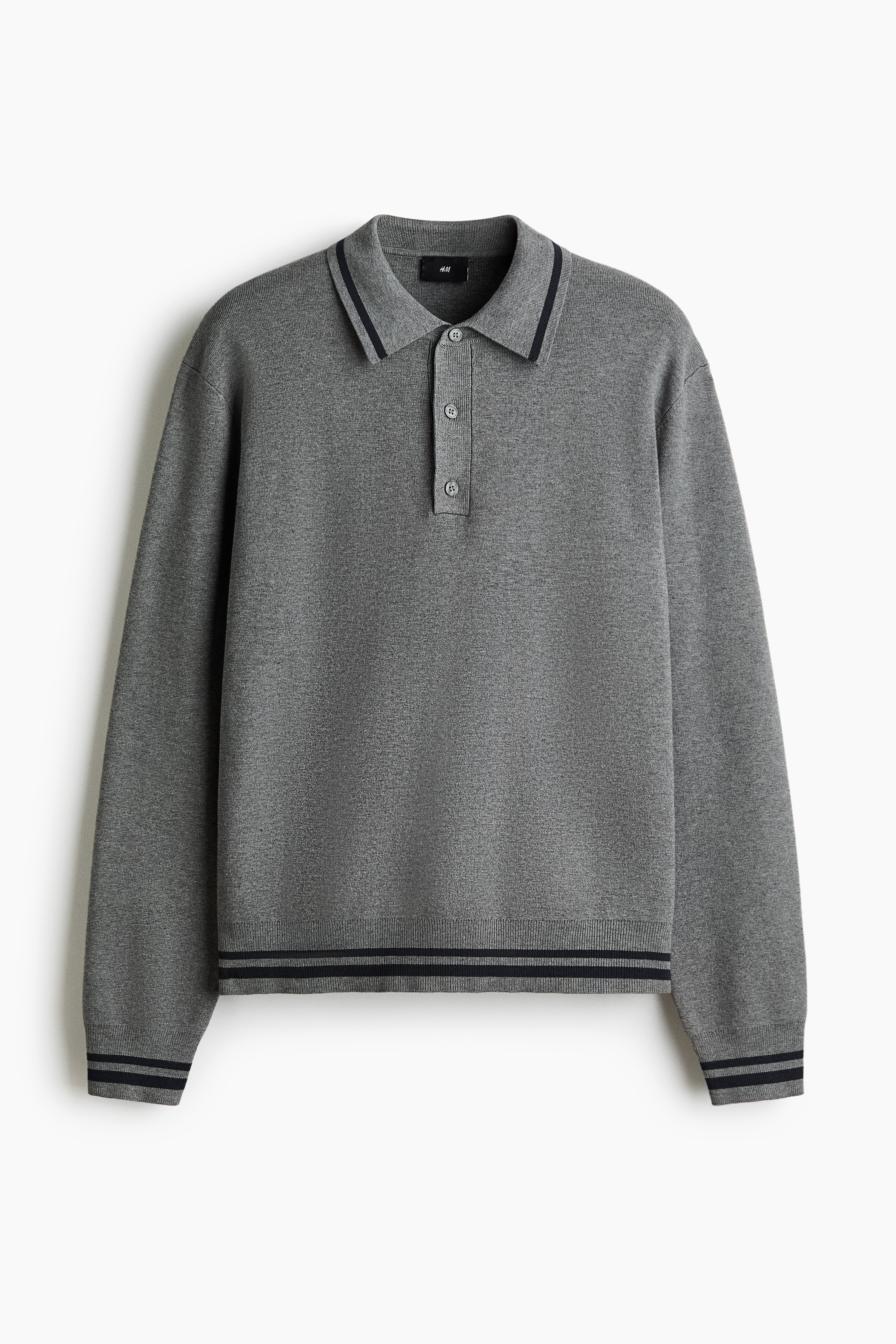 Relaxed-Fit Long-Sleeved Polo Shirt - Dark gray/striped/Dark blue/stripes
