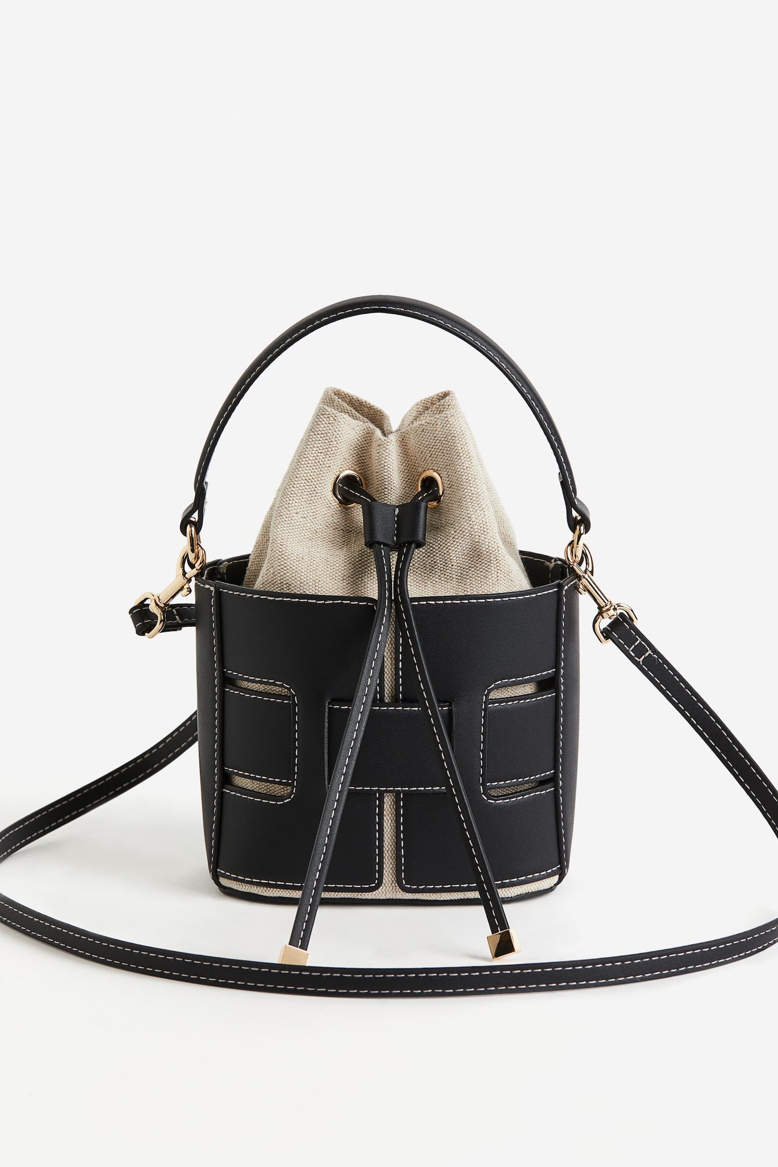 Crossbody Bucket Bag - Black/Light beige/Brown/Beige - 5