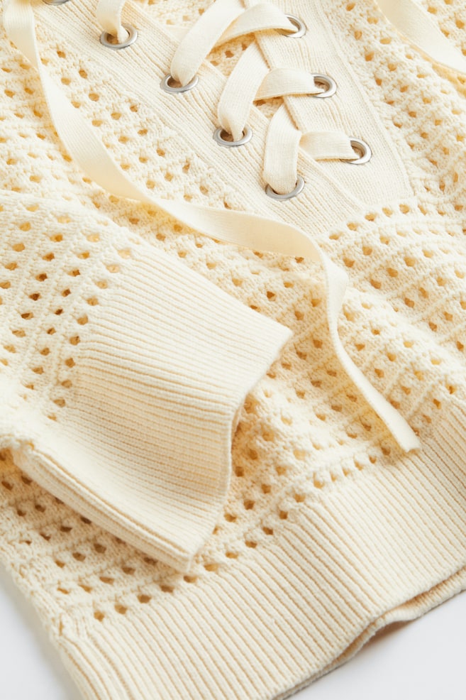 Pointelle-knit jumper with lacing - Cream - 2