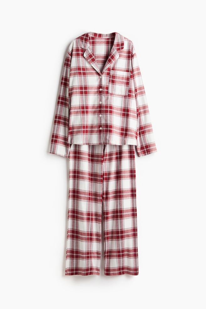 Flannel Pajamas - White/red plaid/Light blue/striped - 1