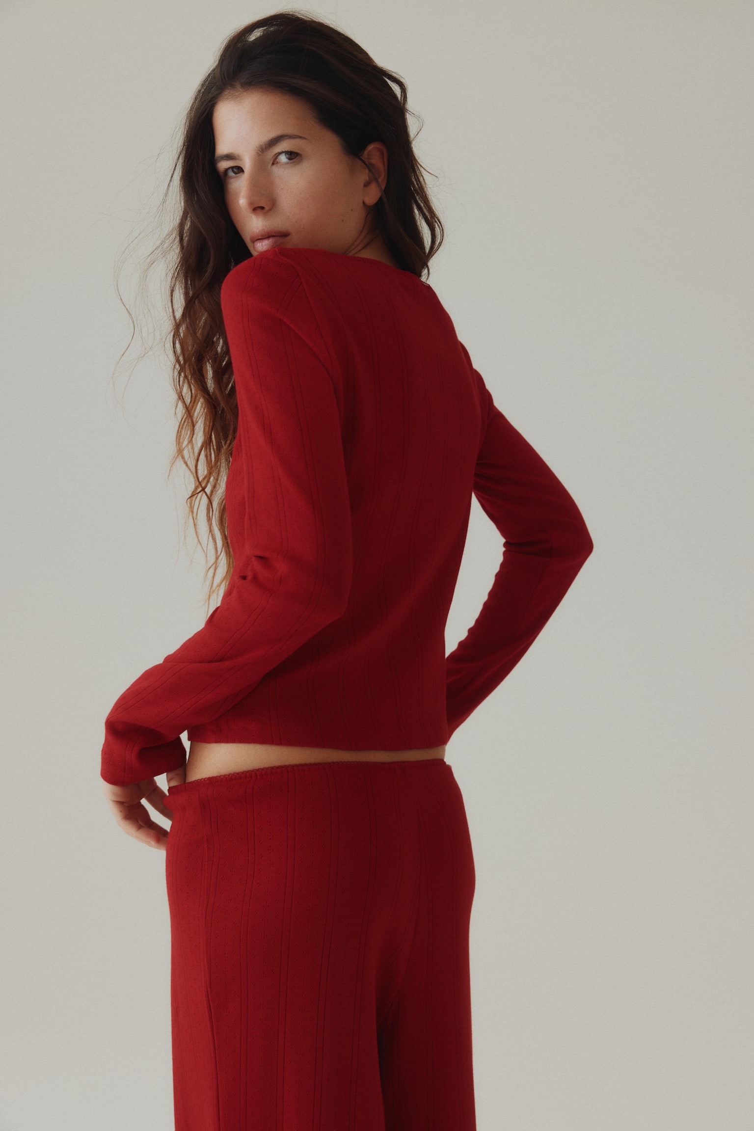 Pamuklu ve Delik Desenli Pijama Takımı - Kırmızı - 5