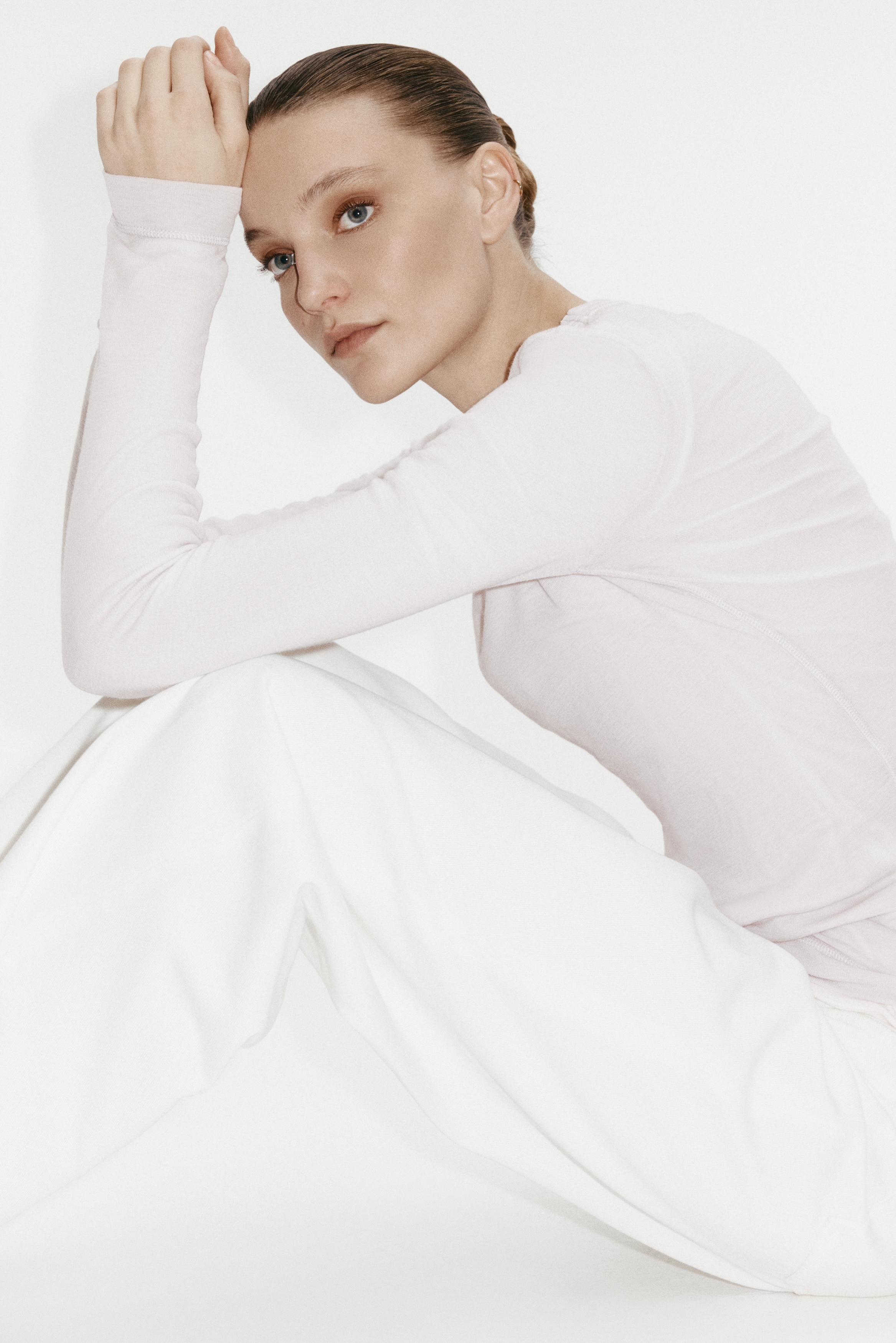 Top en maille de laine fine - Grège pâle/Bleu marine/Beige/Gris foncé chiné