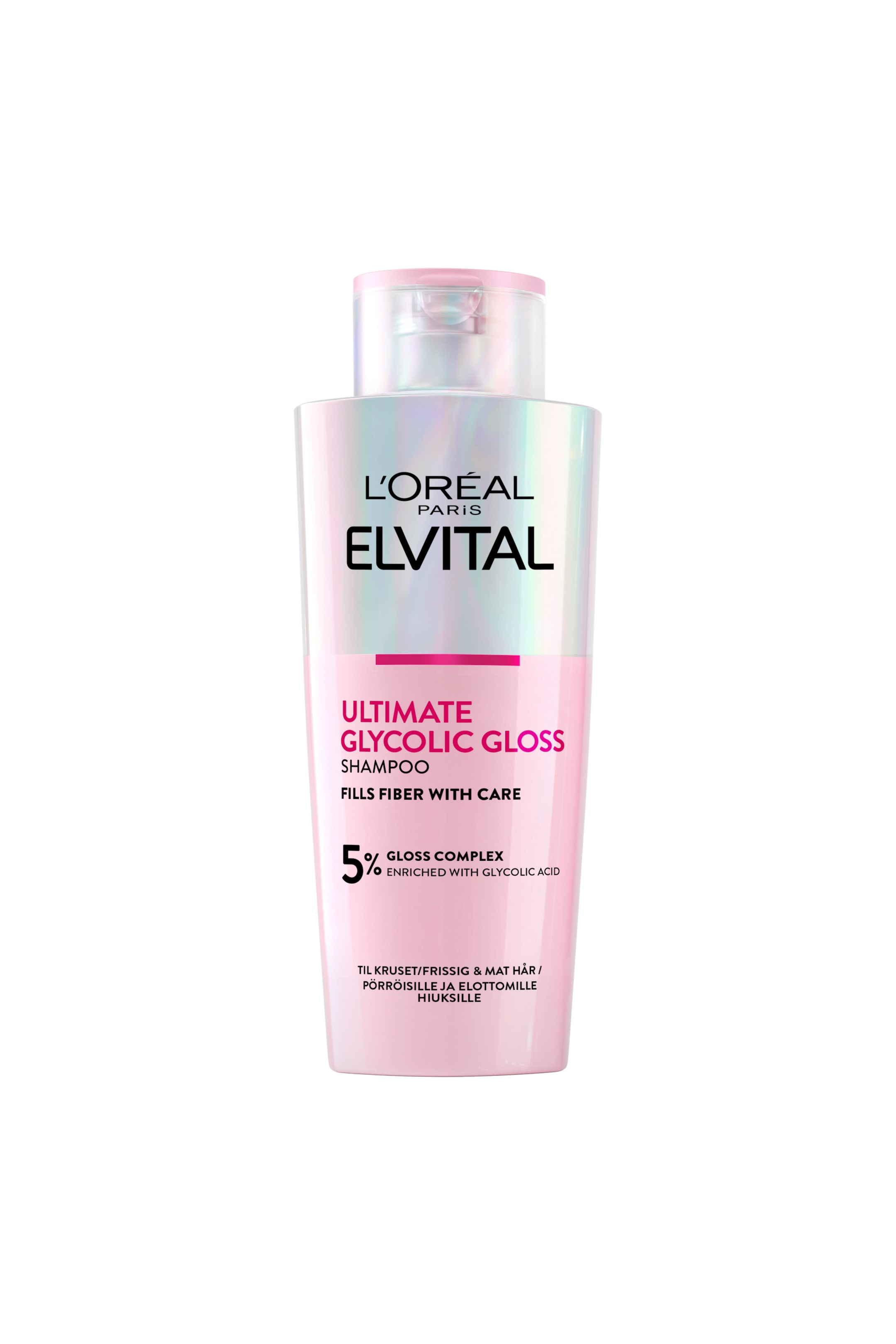 Visa större bild: En frontvänd flaska med L'Or�al Paris Elvital Ultimate Glycolic Gloss Shampoo står upprätt och har ett halvtransparent rosa lock samt en kropp som är uppdelad i en holografiskt iriserande övre del och en ljusrosa nedre del. Framsidan av flaskan visar de svarta och rosa produktetiketterna och texten.