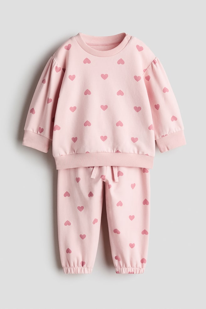2-Piece Printed Brushed Sweatshirt Set - Light pink/hearts/Brown/floral - 1