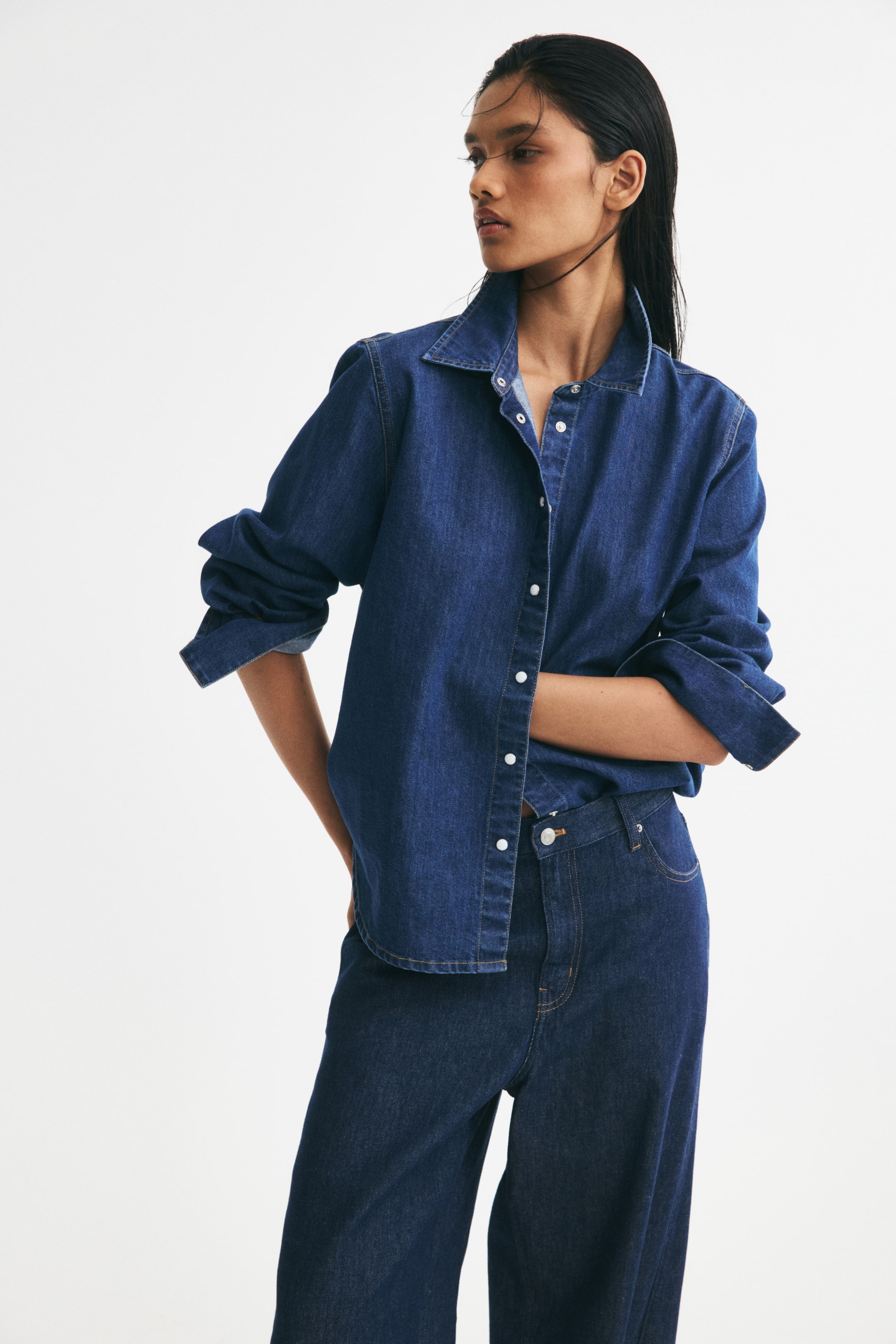 View larger image: Loose-fit denim shirt - Dark denim blue - Ladies | H&M IN 1