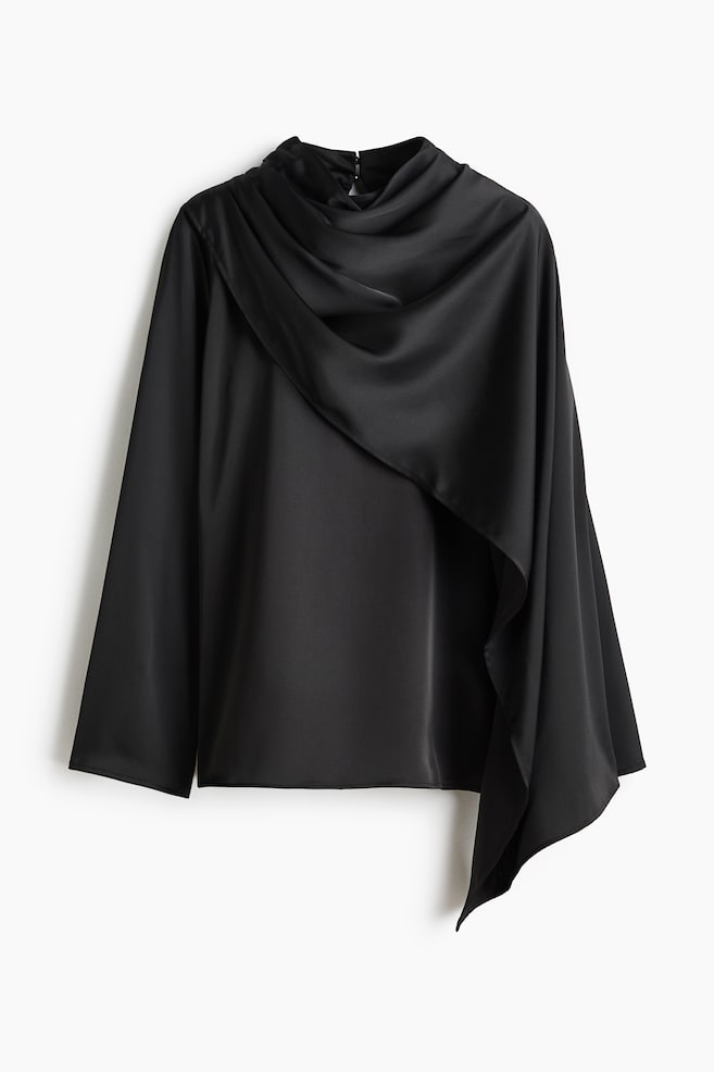 Shawl Detail Satin Blouse - Black/Dusty mole - 1
