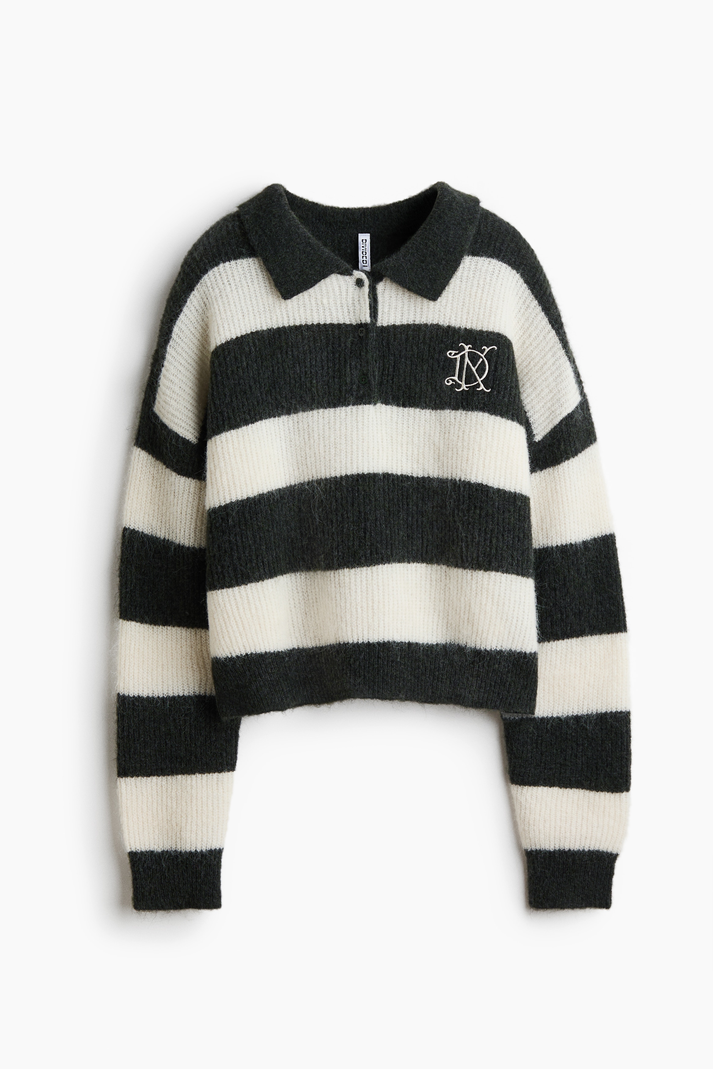 Rib-knit polo jumper - Cream/Dark green striped