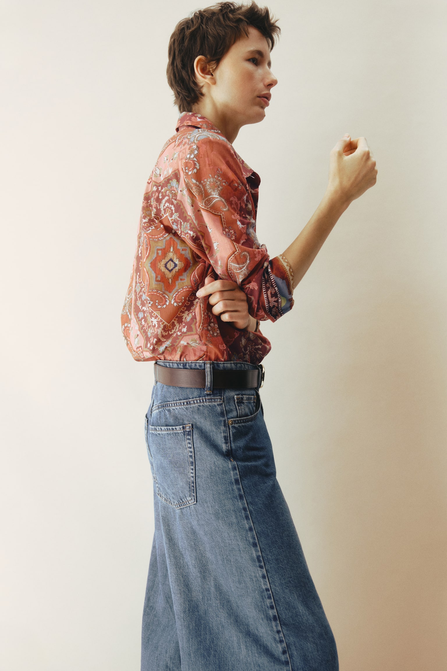 חולצת כותנה עם הדפס - אדום מאובק/דוגמה - 3