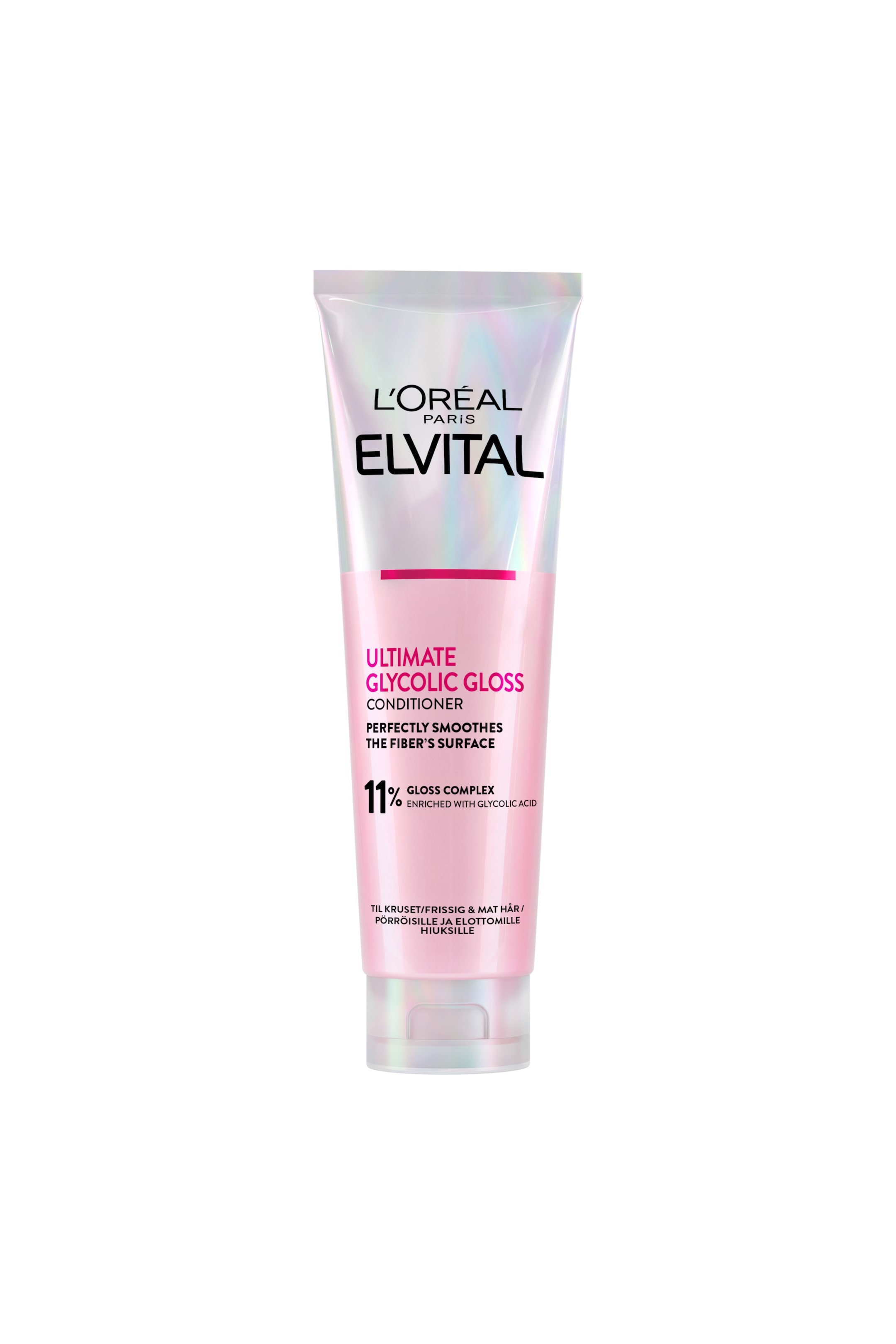 Se større billede: En frontvendt squeeze-tube med L'Oréal Paris Elvital Ultimate Glycolic Gloss Conditioner står oprejst og viser en iriserende hvid top og en transparent rosa krop. Emballagen fremhæver brandet og produktnavnet med sort og levende pink skrift på forsiden.