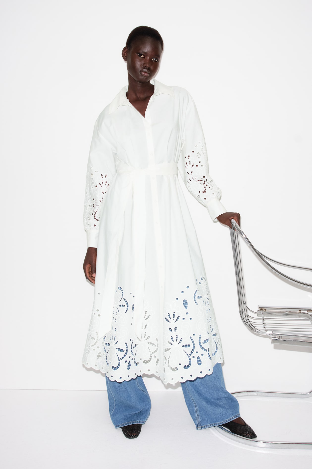 Solid Color Hollowed-Out Embroidery Shirt Dress Casual Long Sleeve Maxi Dress