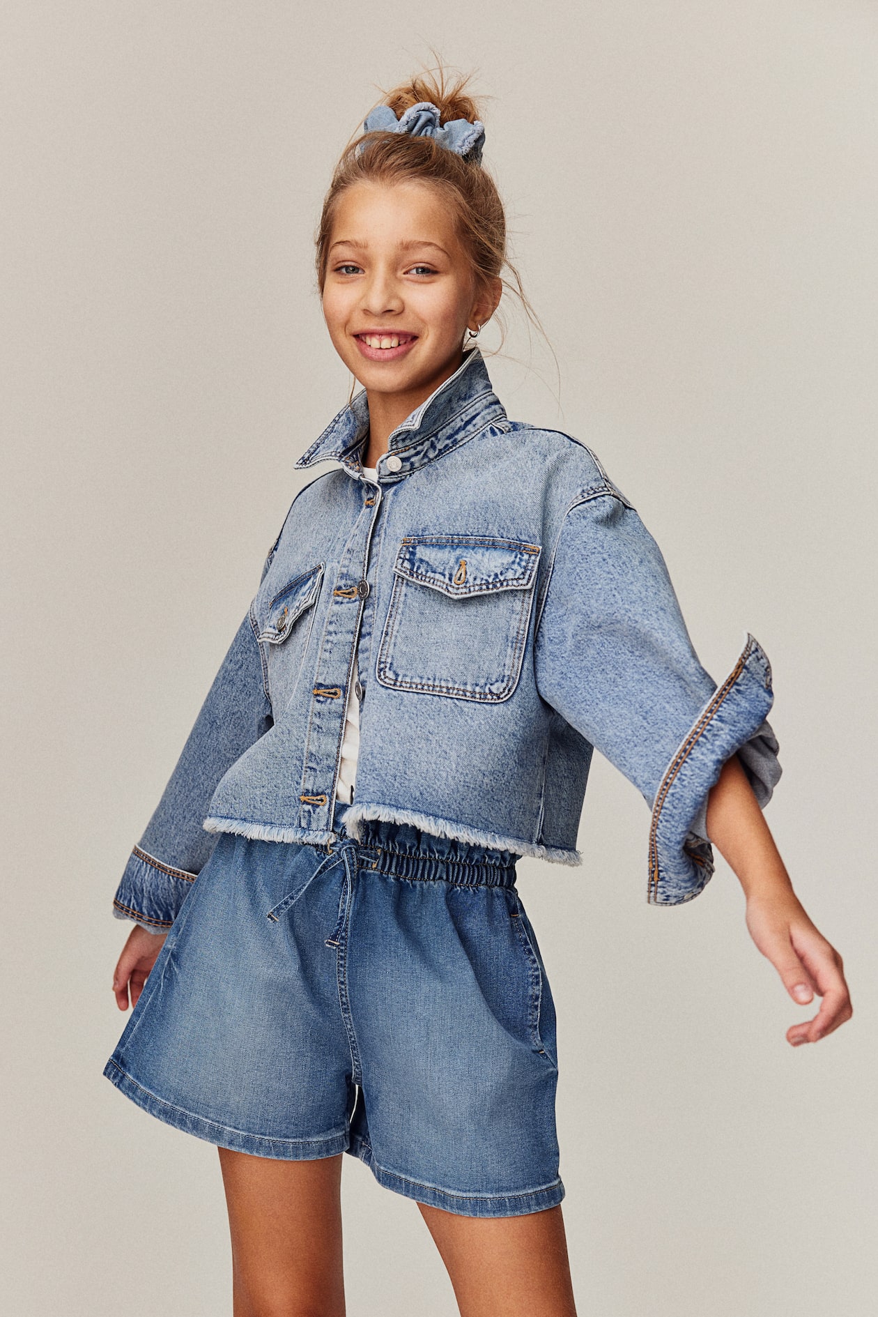 Denim Paper-bag Shorts - High waist - Short - Denim blue - Kids | H&M US