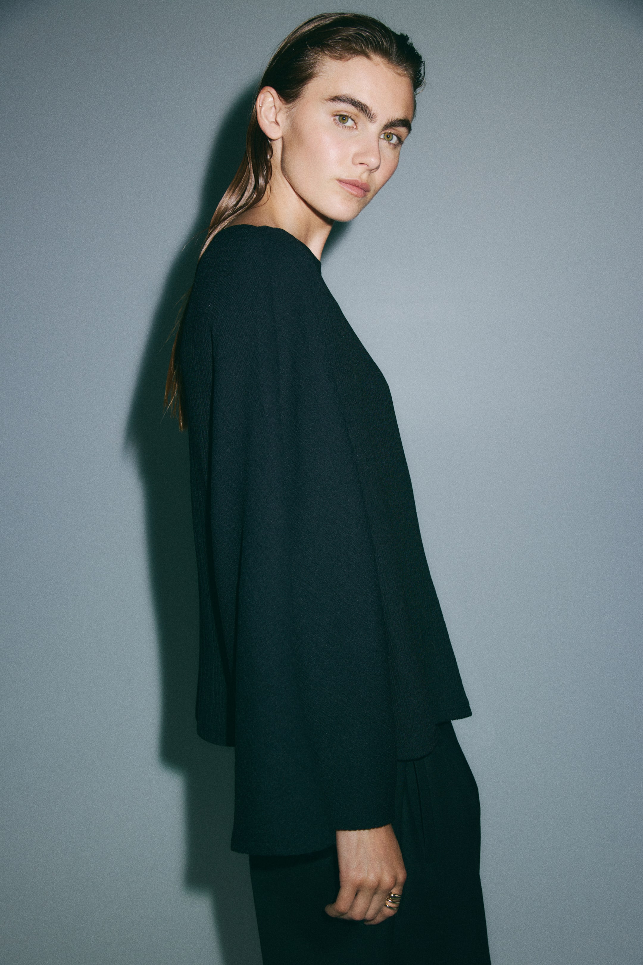 Crinkled Batwing-Sleeved Top