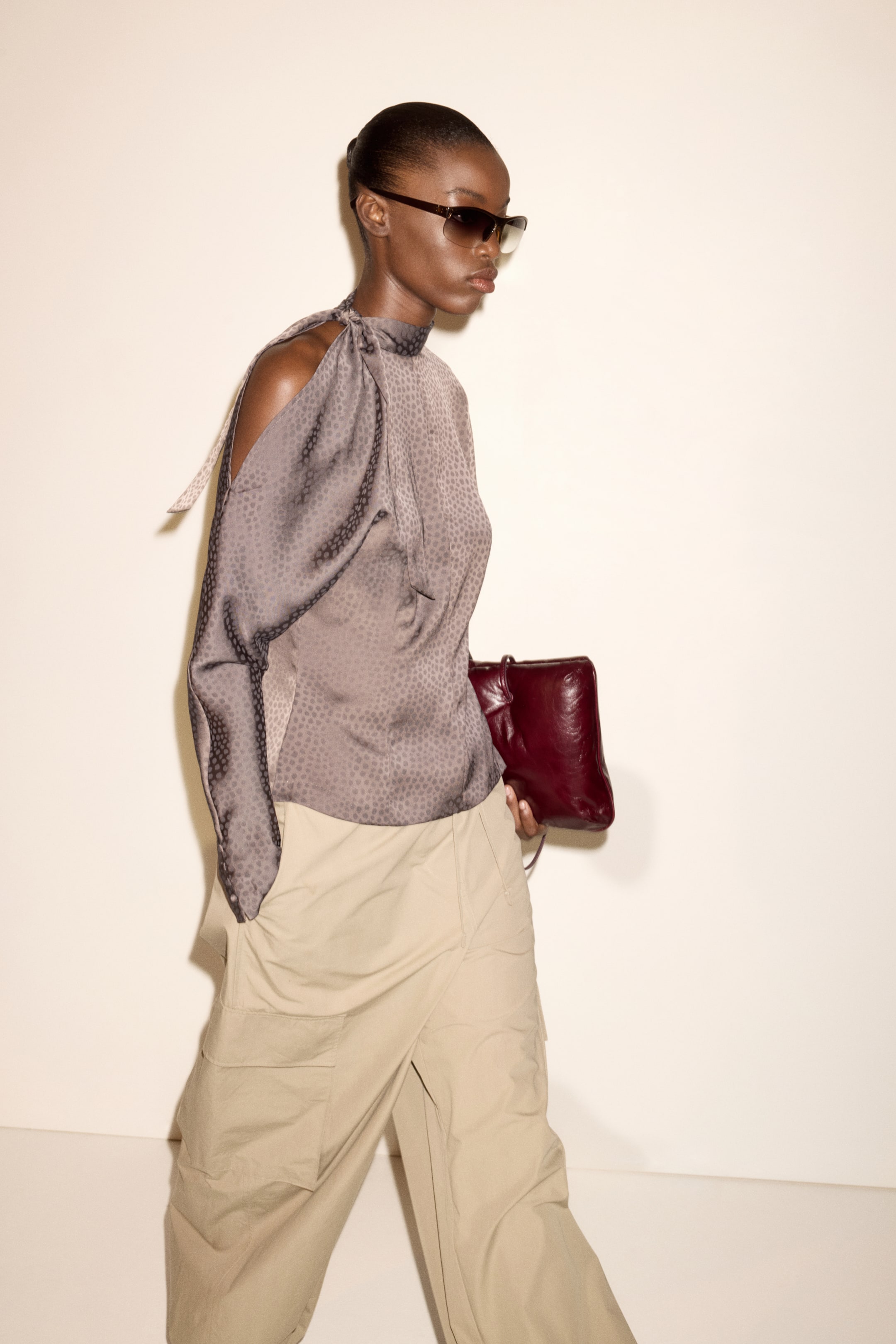 Jacquard-Weave Bow-Collar Blouse
