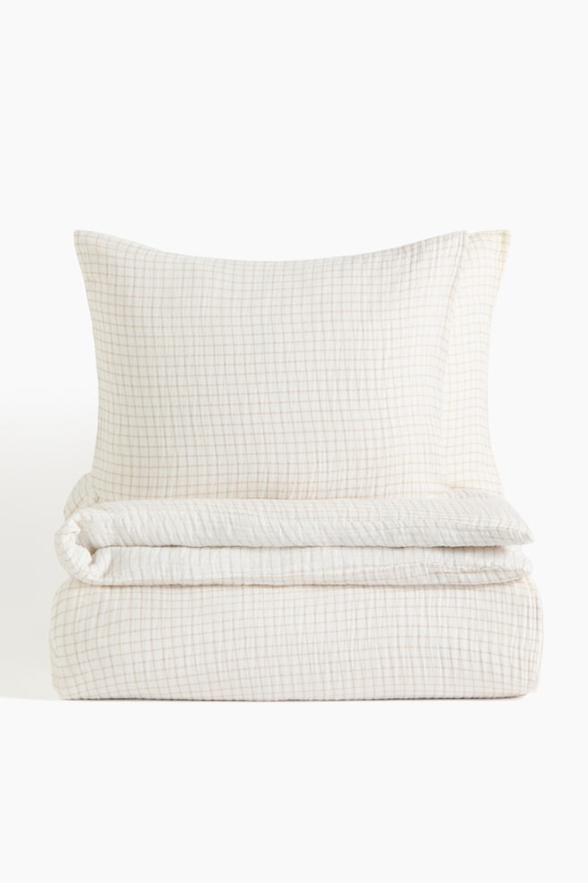 Muslin King/Queen Duvet Cover Set - White/light taupe checked/White/light dusty blue checked - 1