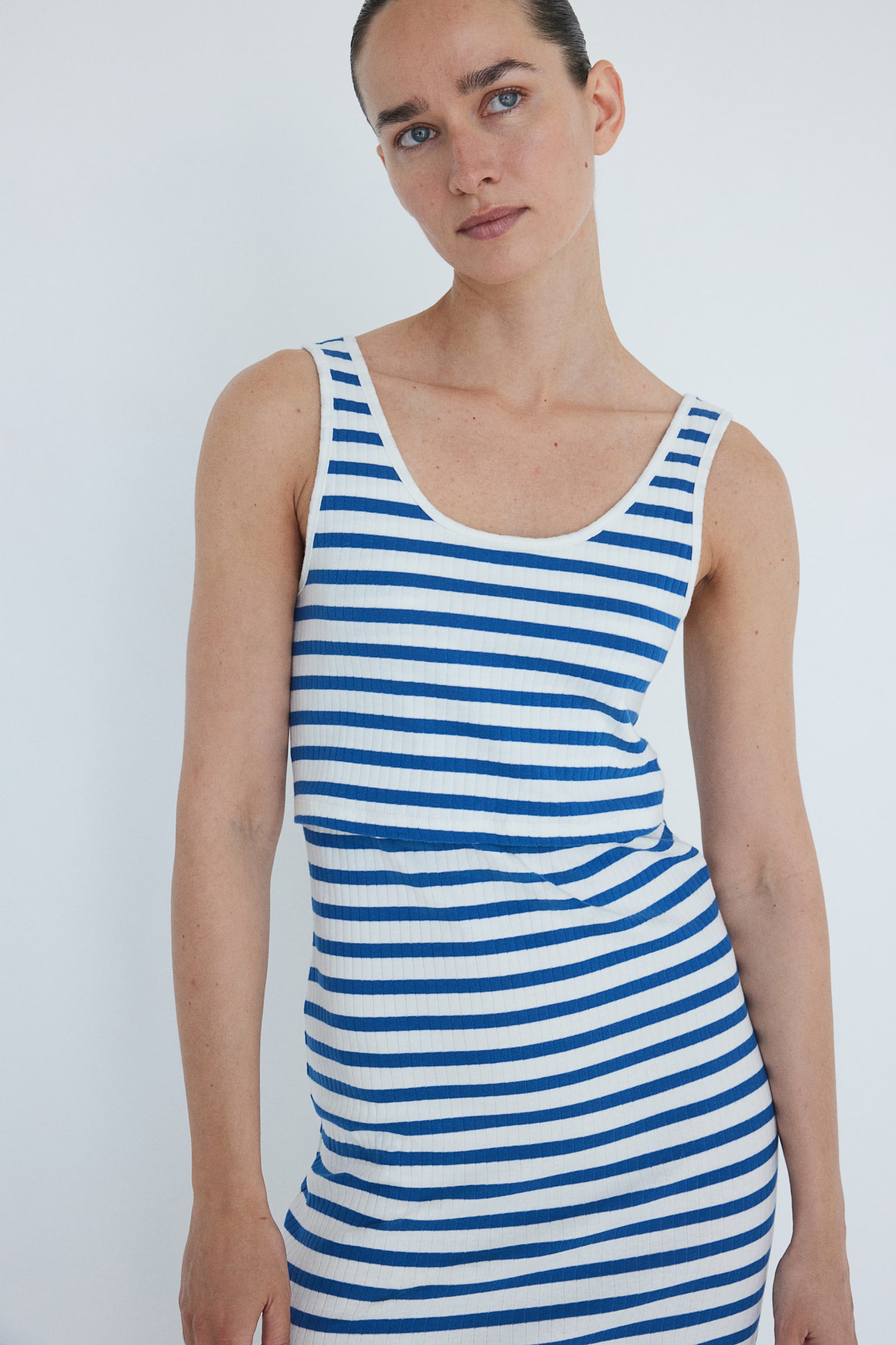 MAMA Rib Nursing Dress - White/Blue stripe/Dark beige - 5