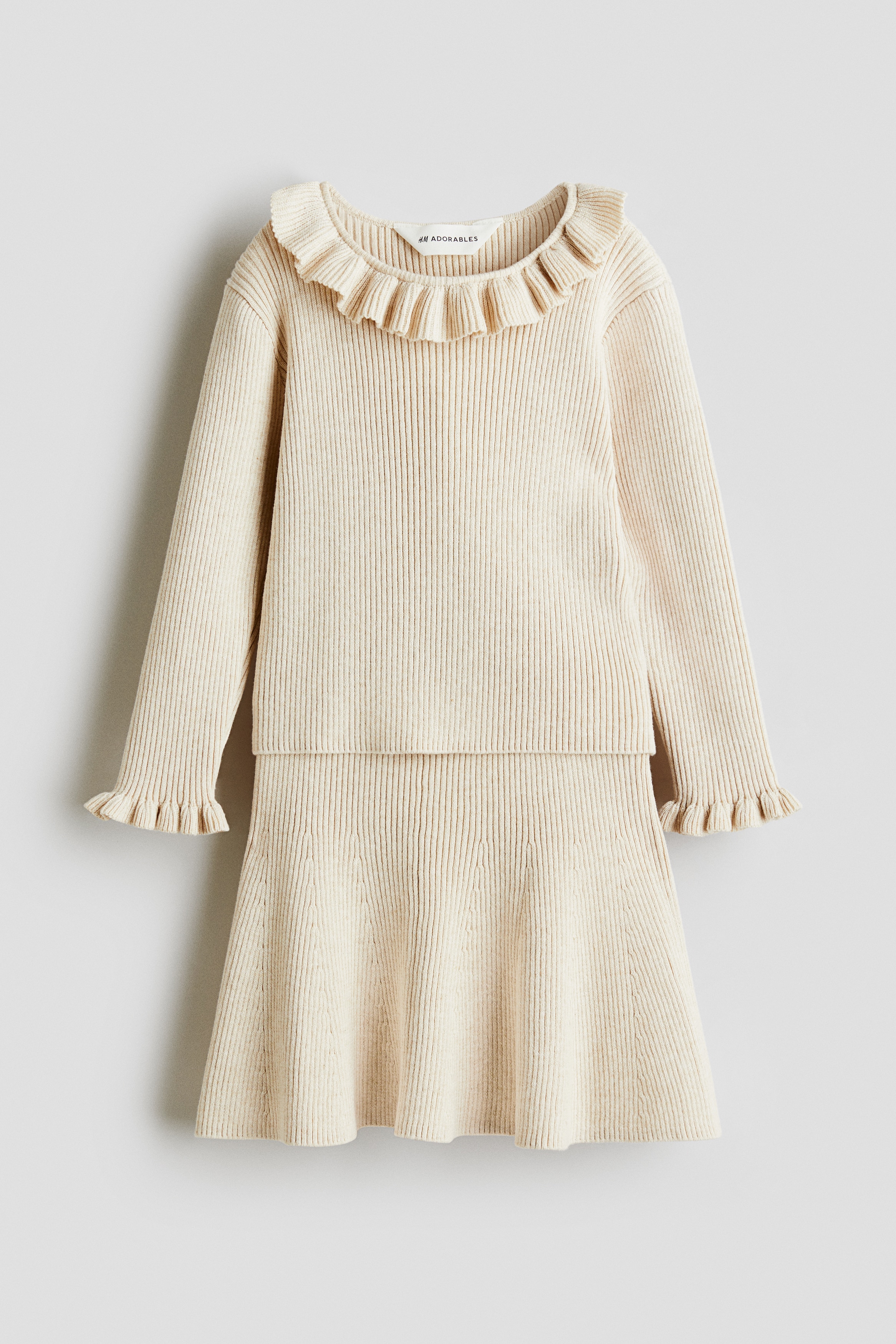 Kaksiosainen puuvillainen ribbineulesetti - Vaaleanbeige/Tummanpunainen