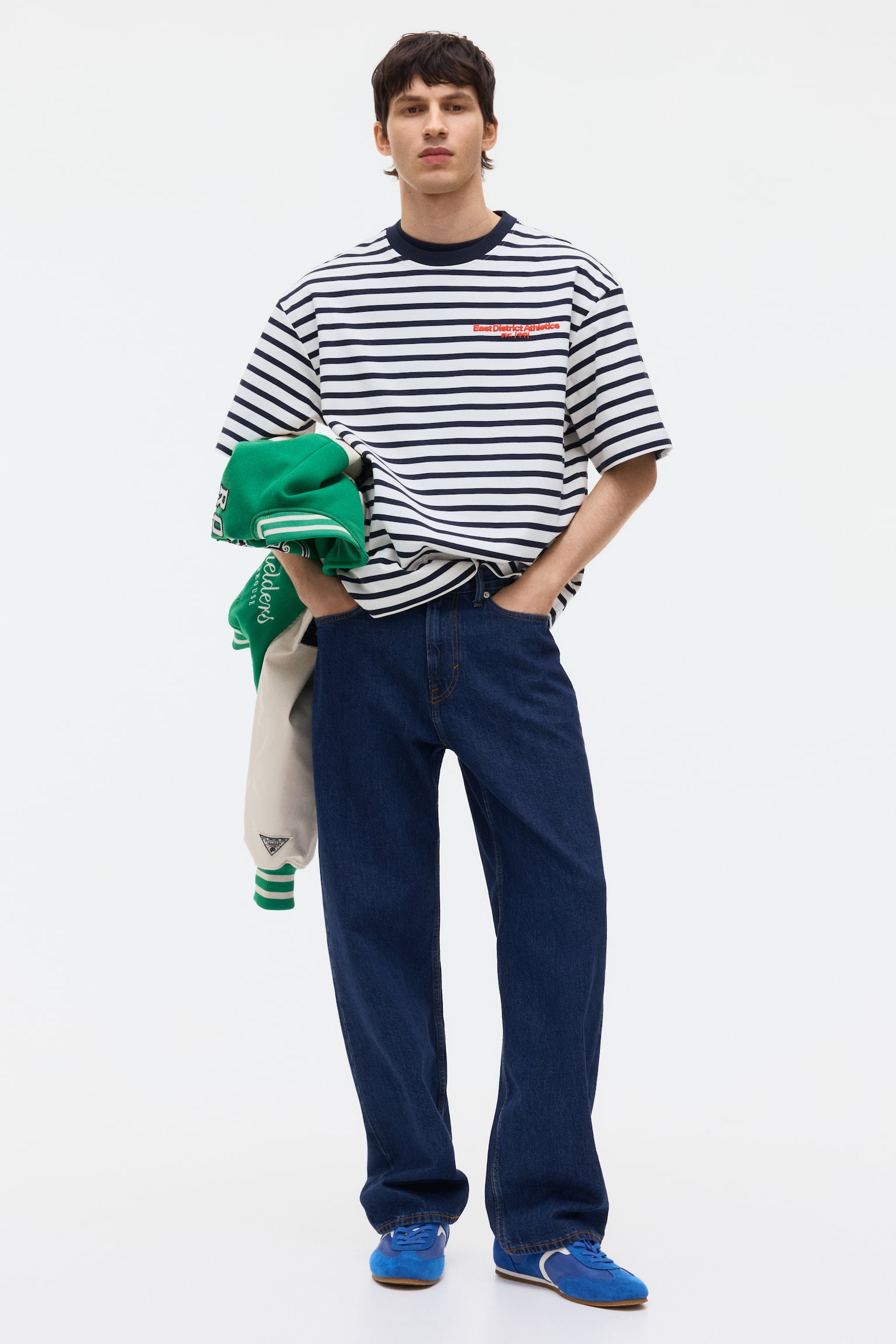 Loose Fit Cotton T-shirt - White/Striped/Navy blue/Striped - 1