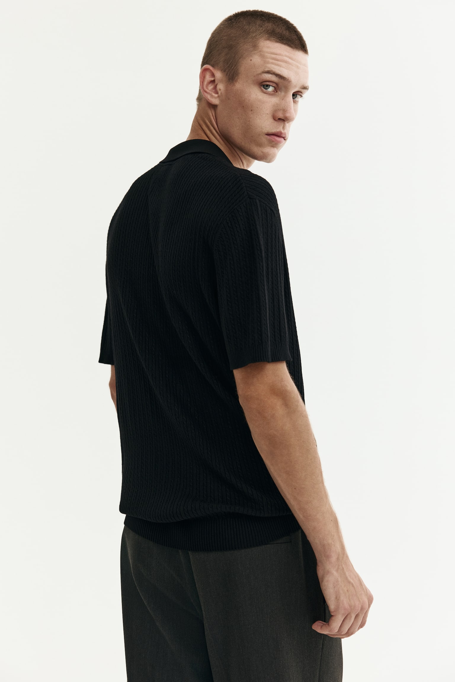 Regular Fit Cable-knit polo shirt - Black/Beige/White - 7