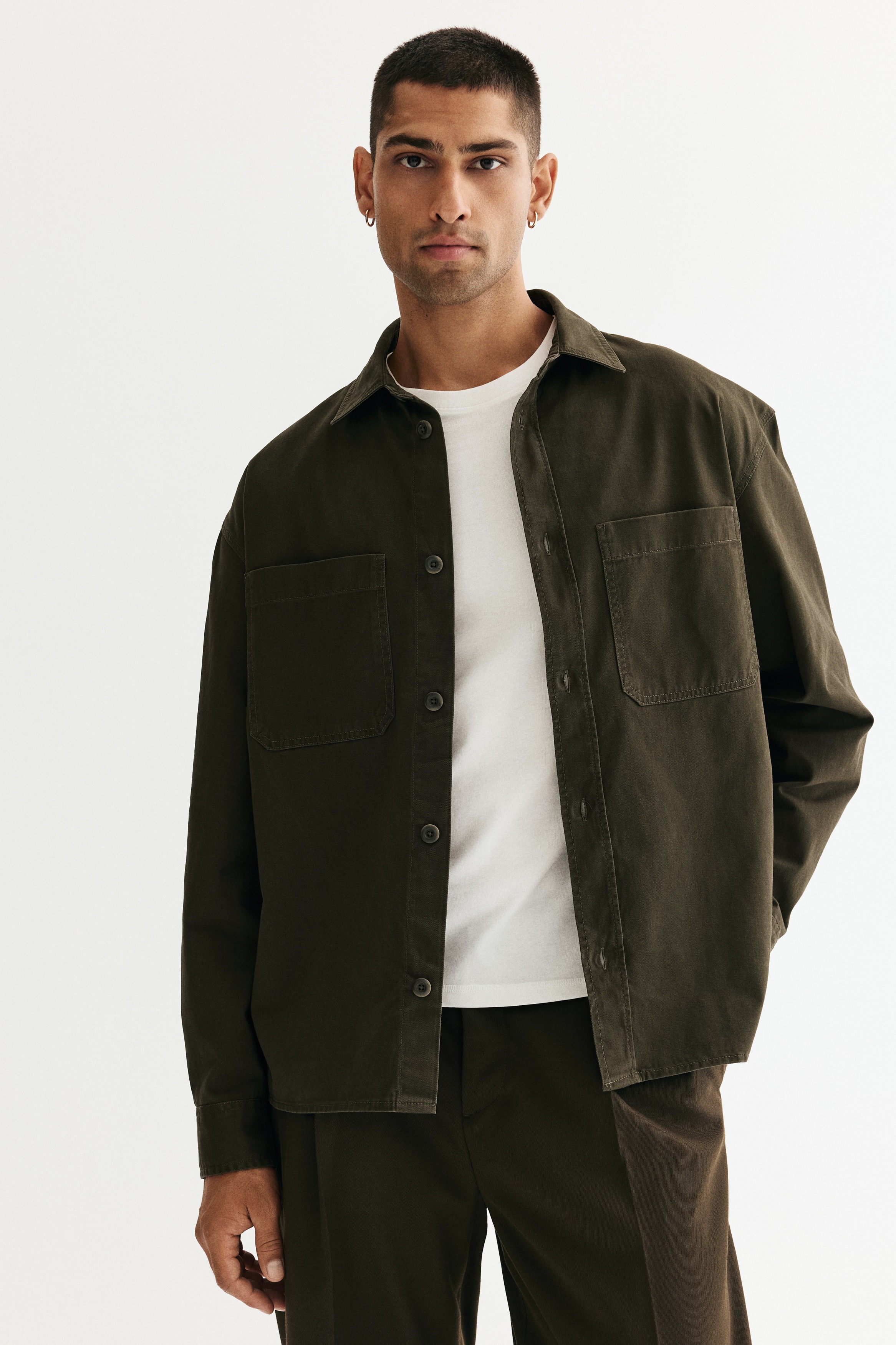 Relaxed-Fit Twill Overshirt - Dark khaki green/Light blue