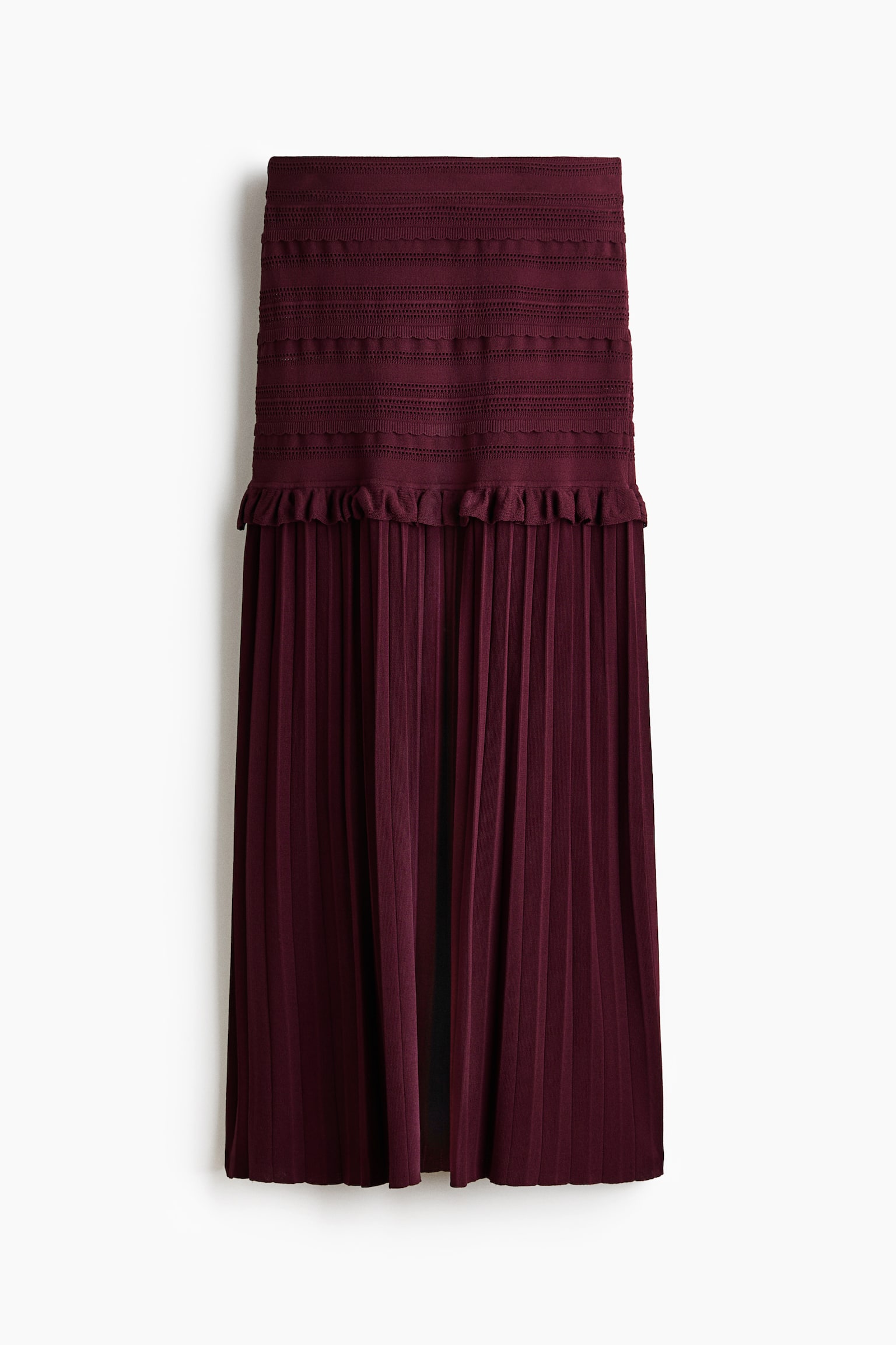 Pleated pointelle-knit skirt-Burgundy - 2