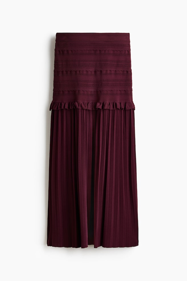 Pleated Pointelle-Knit Skirt - Burgundy - 1