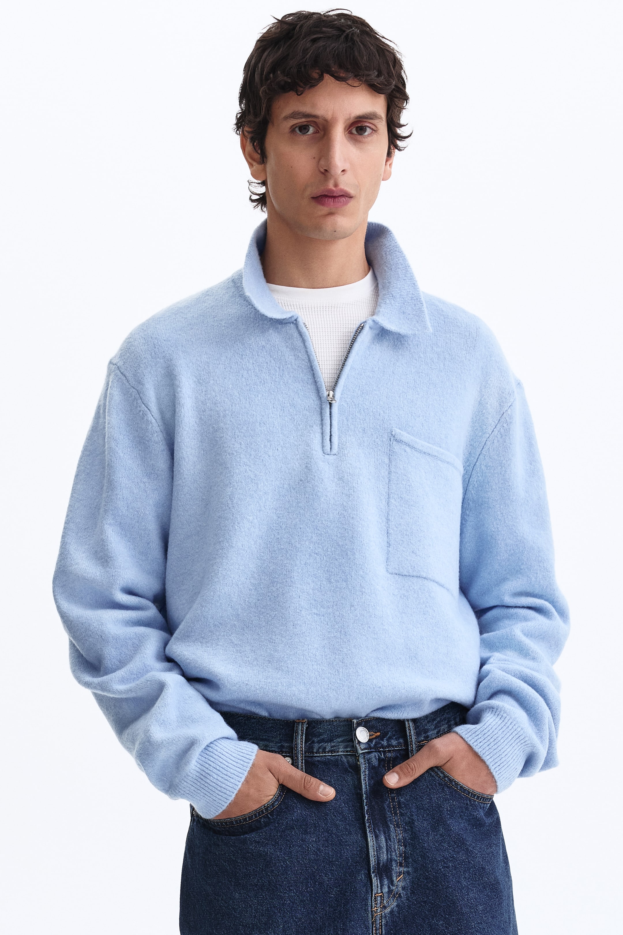 Näytä suurempi kuva: Vetoketjullinen neulepusero Regular Fit - Vaaleansininen - MIEHET | H&M FI 1