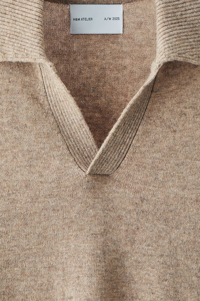 Wool-Blend Polo Sweater-Beige melange - 3