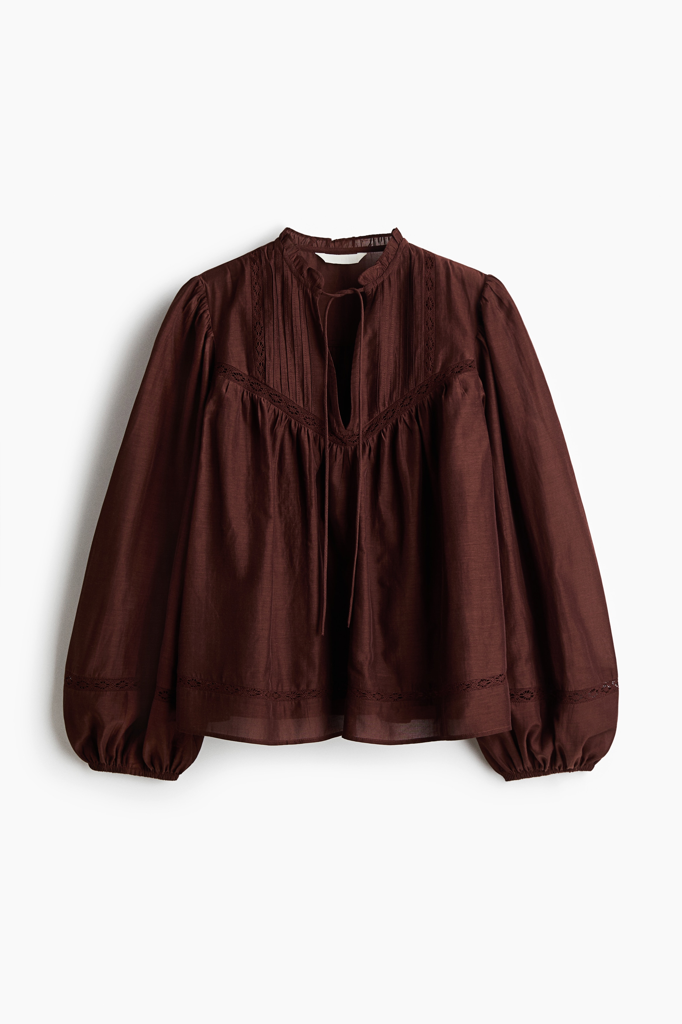 Viskoz Karışımlı ve Dantel Ara Parçalı Bluz - Koyu kahverengi