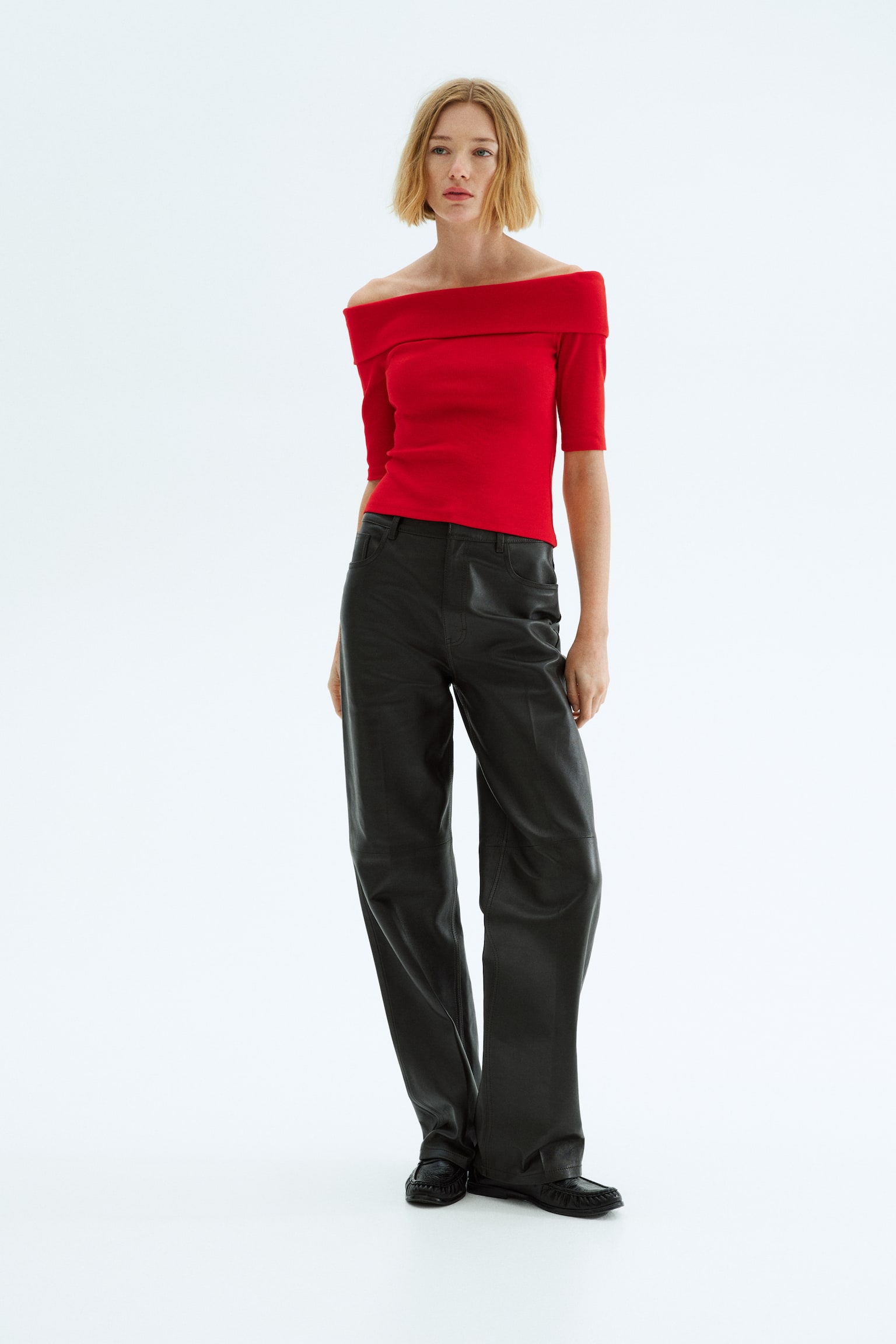 Omuzları Açık Ribanalı Üst - Parlak kırmızı/Siyah/Zeytin yeşili - 3