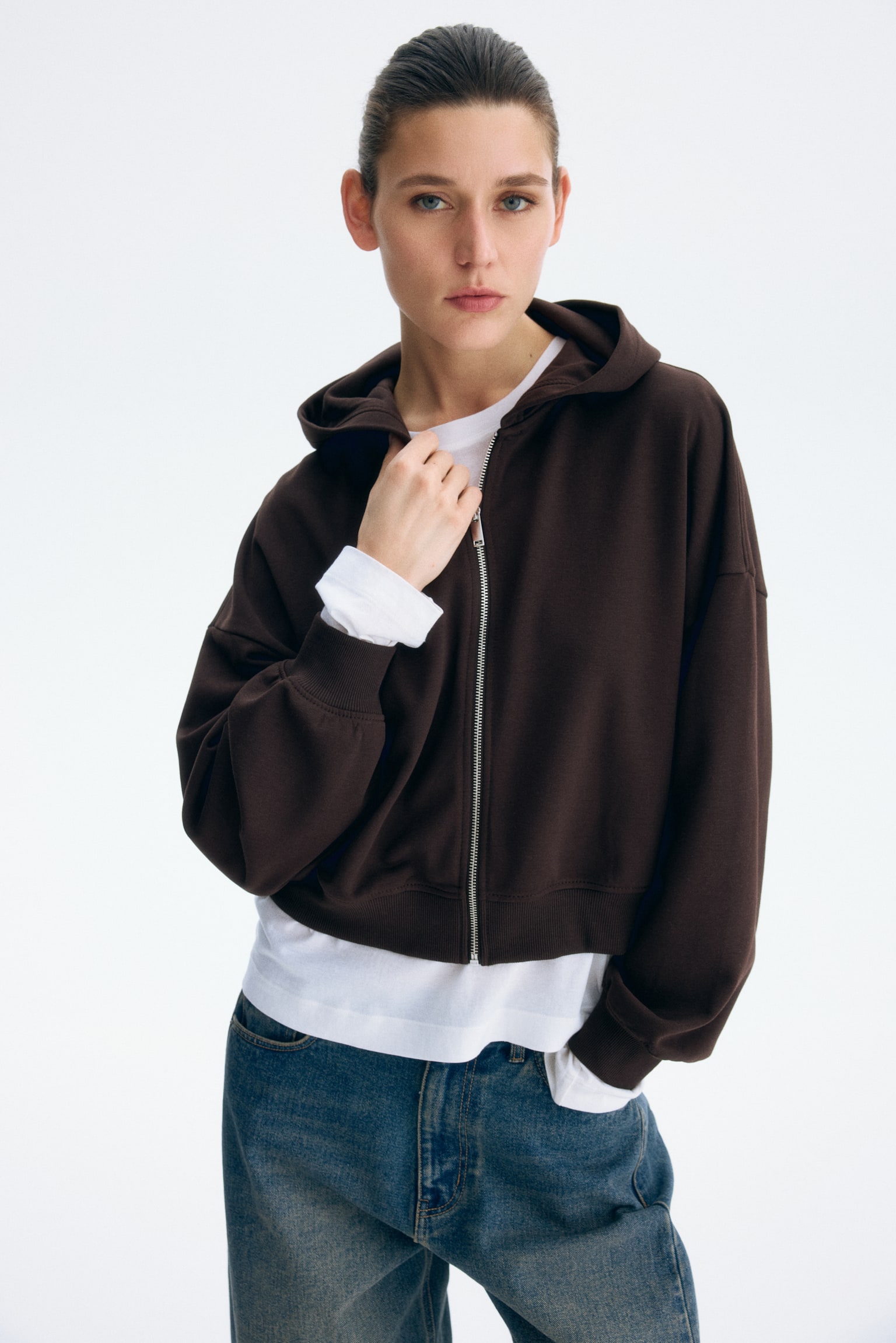 Коротке худі на блискавці - Темно-коричневий/Світло-сірий меланж/Чорний/Приглушений темно-рожевий - 6