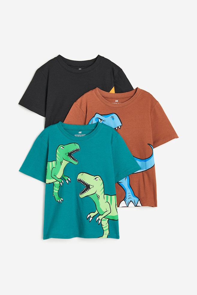 3-pak T-shirt med tryk - Brun/Dinosaurer/Salviegrøn/Stribet - 1