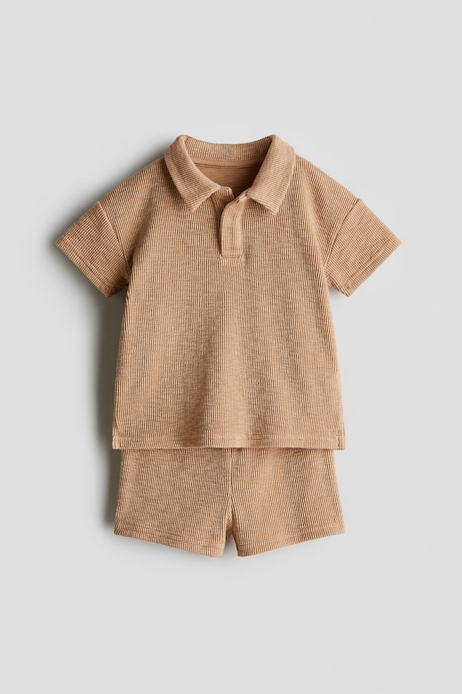 2-piece Textured Jersey Set - Beige/Beige - 1