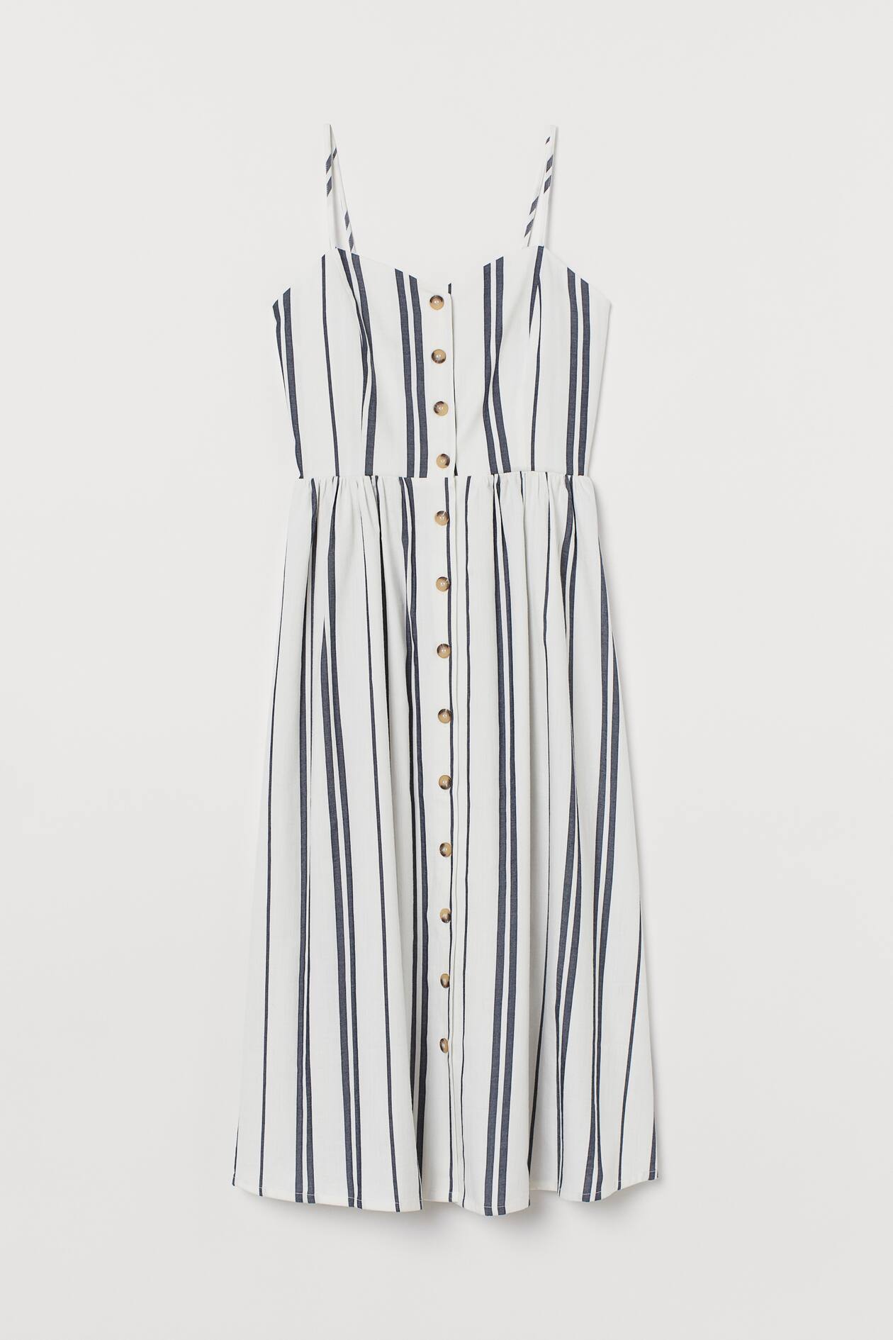 Dress with Buttons - V-neck - Sleeveless - White/dark blue striped ...