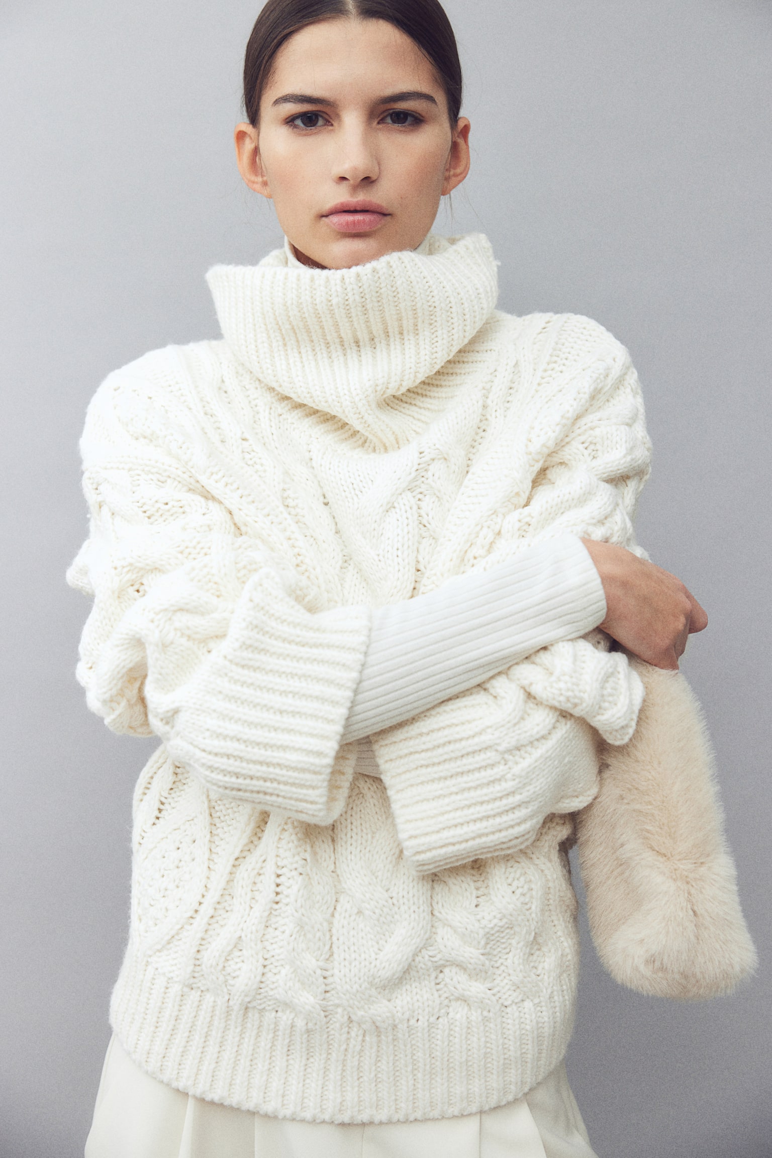 Cable-knit polo-neck jumper - White/Beige - 4