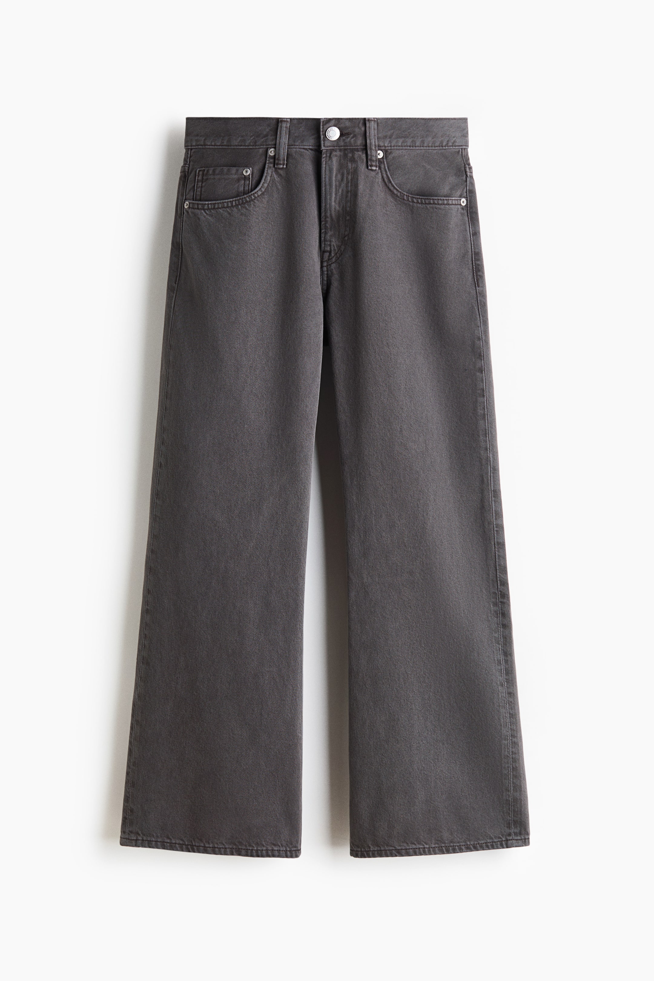View larger image: A front view of dark grey, five-pocket denim jeans featuring a regular waist with belt loops and a silver-tone button closure. The jeans are hanging flat, displaying a relaxed fit that gently flares out toward the hems.